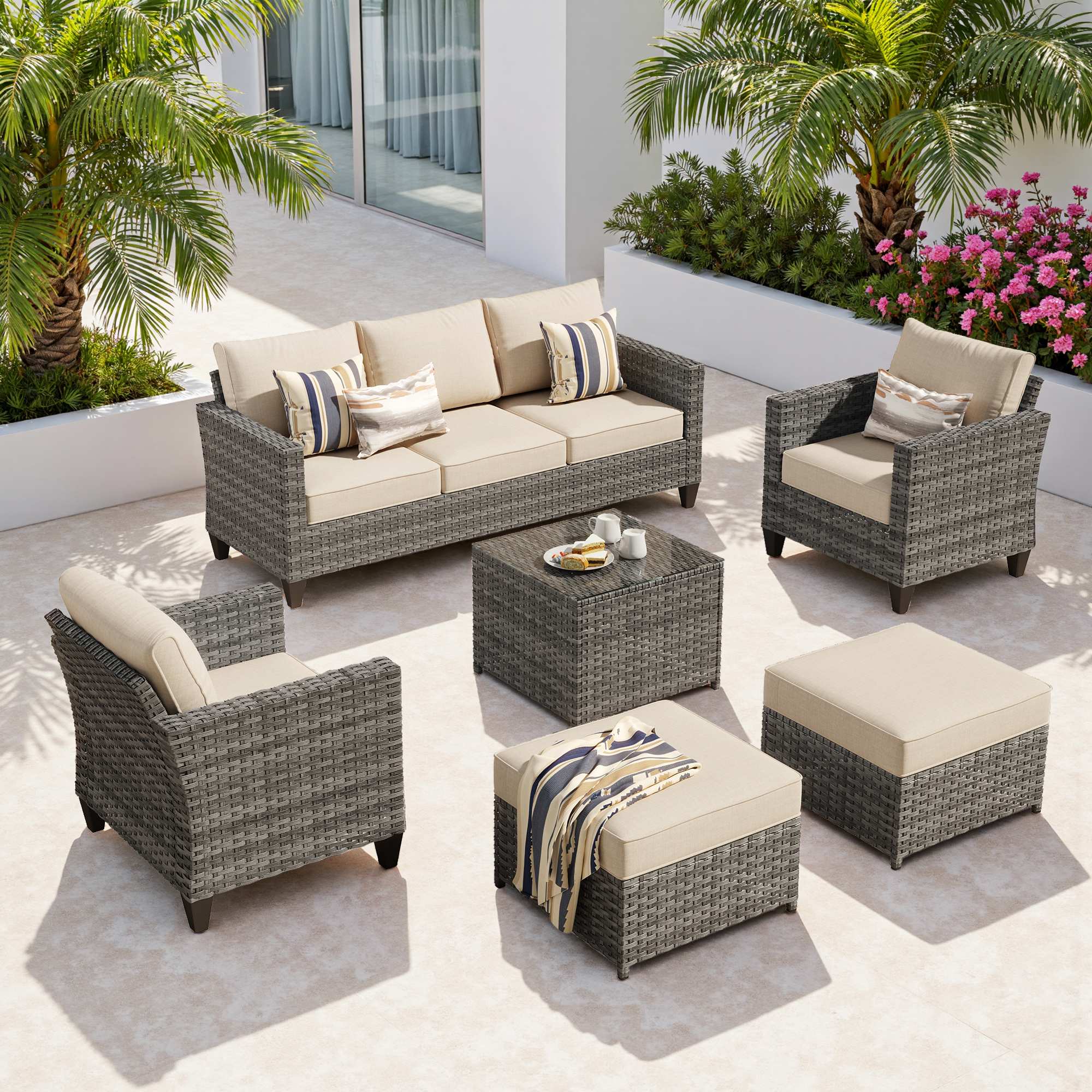 OVIOS Outdoor Patio Furniture Set with Wicker Sofa Loveseat Ottomans and Rocking Chairs