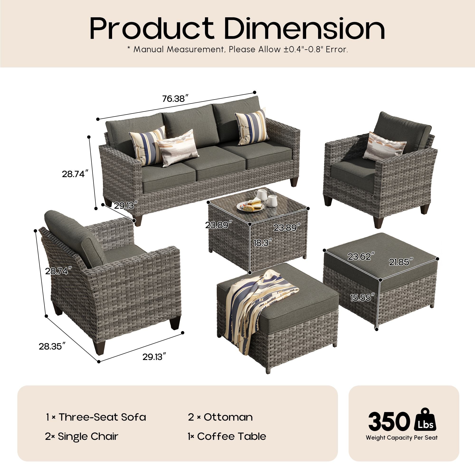 OVIOS Outdoor Patio Furniture Set with Wicker Sofa Loveseat Ottomans and Rocking Chairs