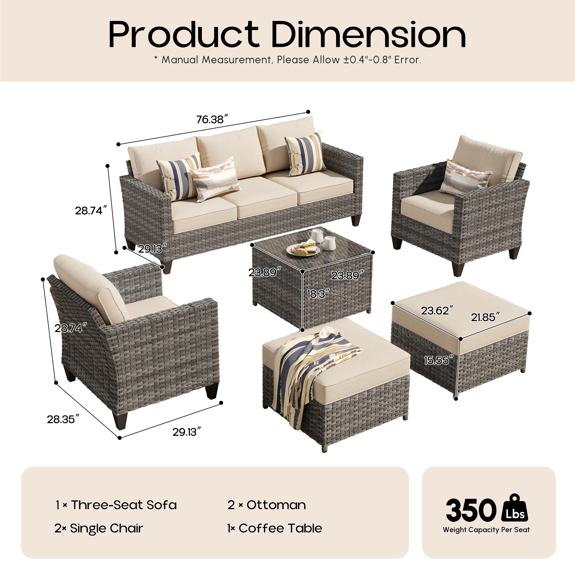 OVIOS Outdoor Patio Furniture Set with Wicker Sofa Loveseat Ottomans and Rocking Chairs