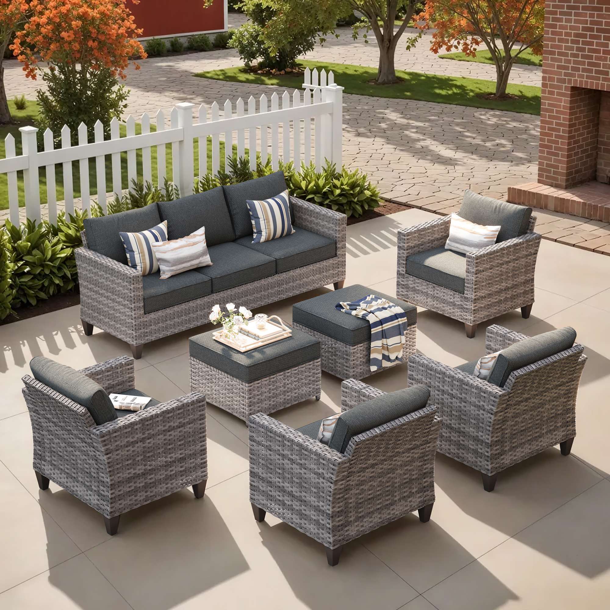 OVIOS Outdoor Patio Furniture Set with Wicker Sofa Loveseat Ottomans and Rocking Chairs