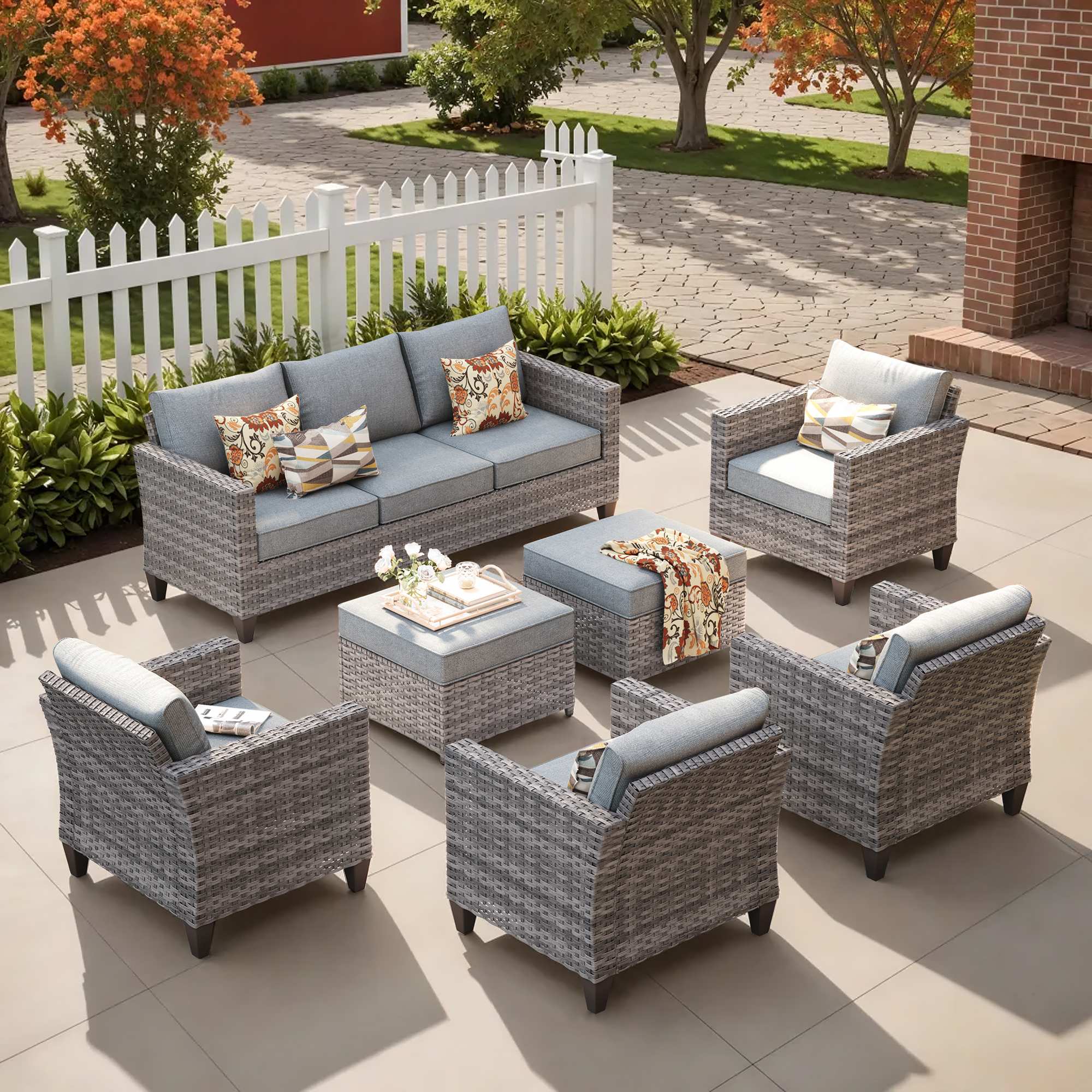 OVIOS Outdoor Patio Furniture Set with Wicker Sofa Loveseat Ottomans and Rocking Chairs