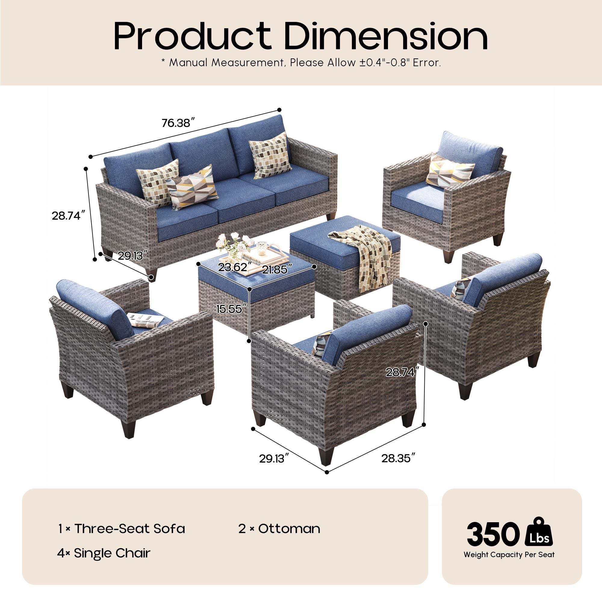 OVIOS Outdoor Patio Furniture Set with Wicker Sofa Loveseat Ottomans and Rocking Chairs