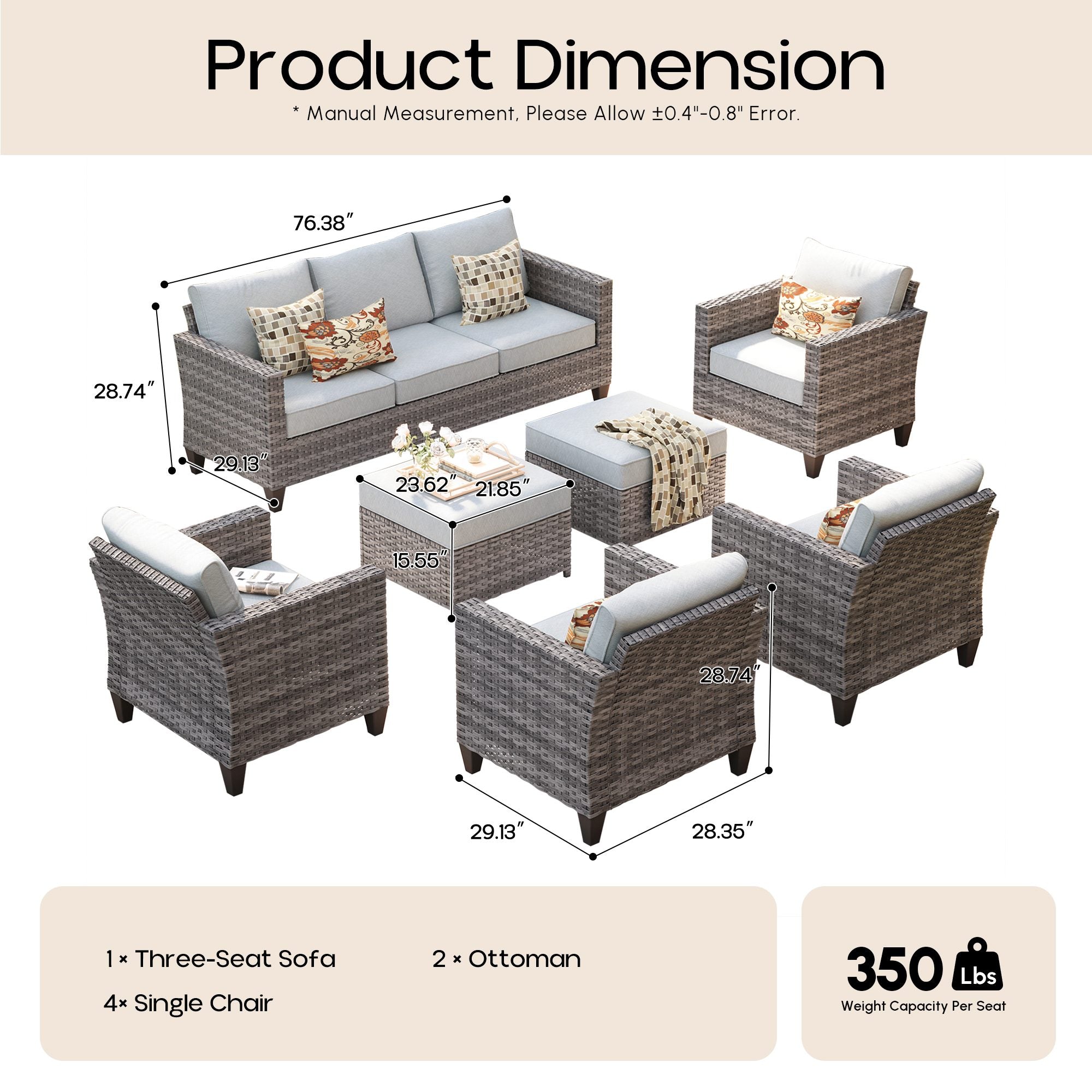 OVIOS Outdoor Patio Furniture Set with Wicker Sofa Loveseat Ottomans and Rocking Chairs