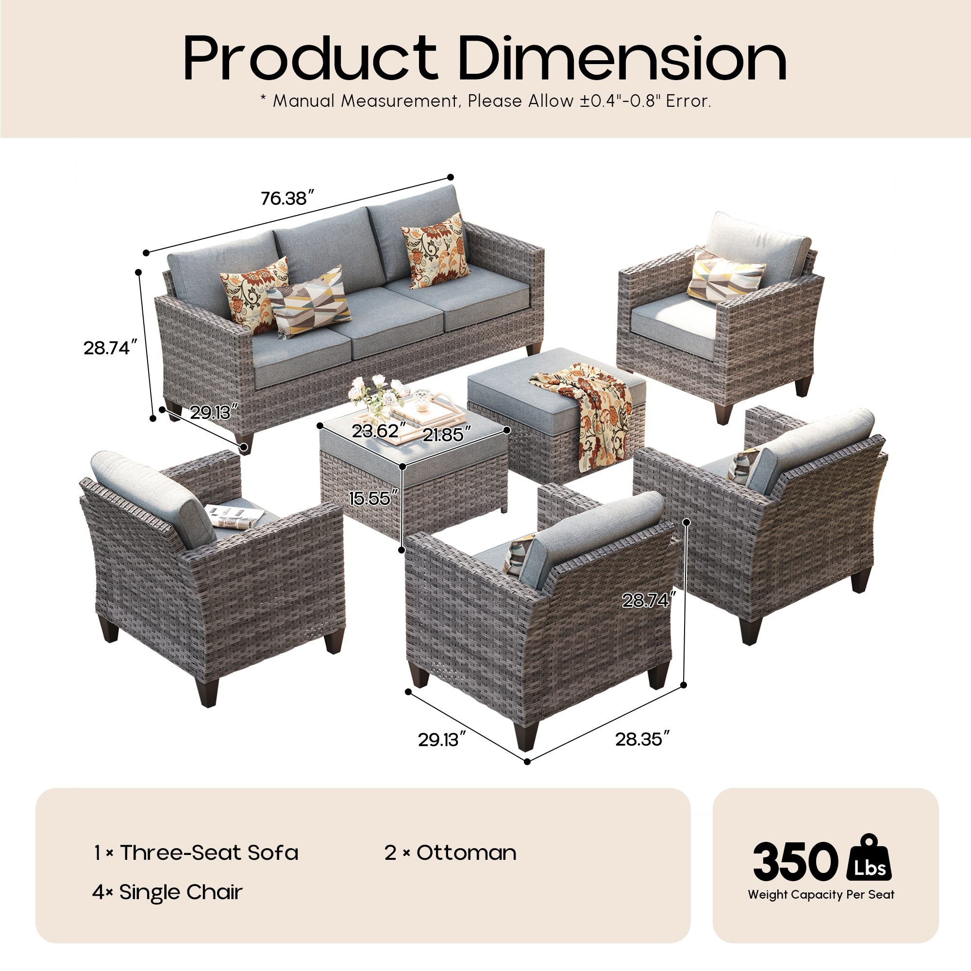 OVIOS Outdoor Patio Furniture Set with Wicker Sofa Loveseat Ottomans and Rocking Chairs