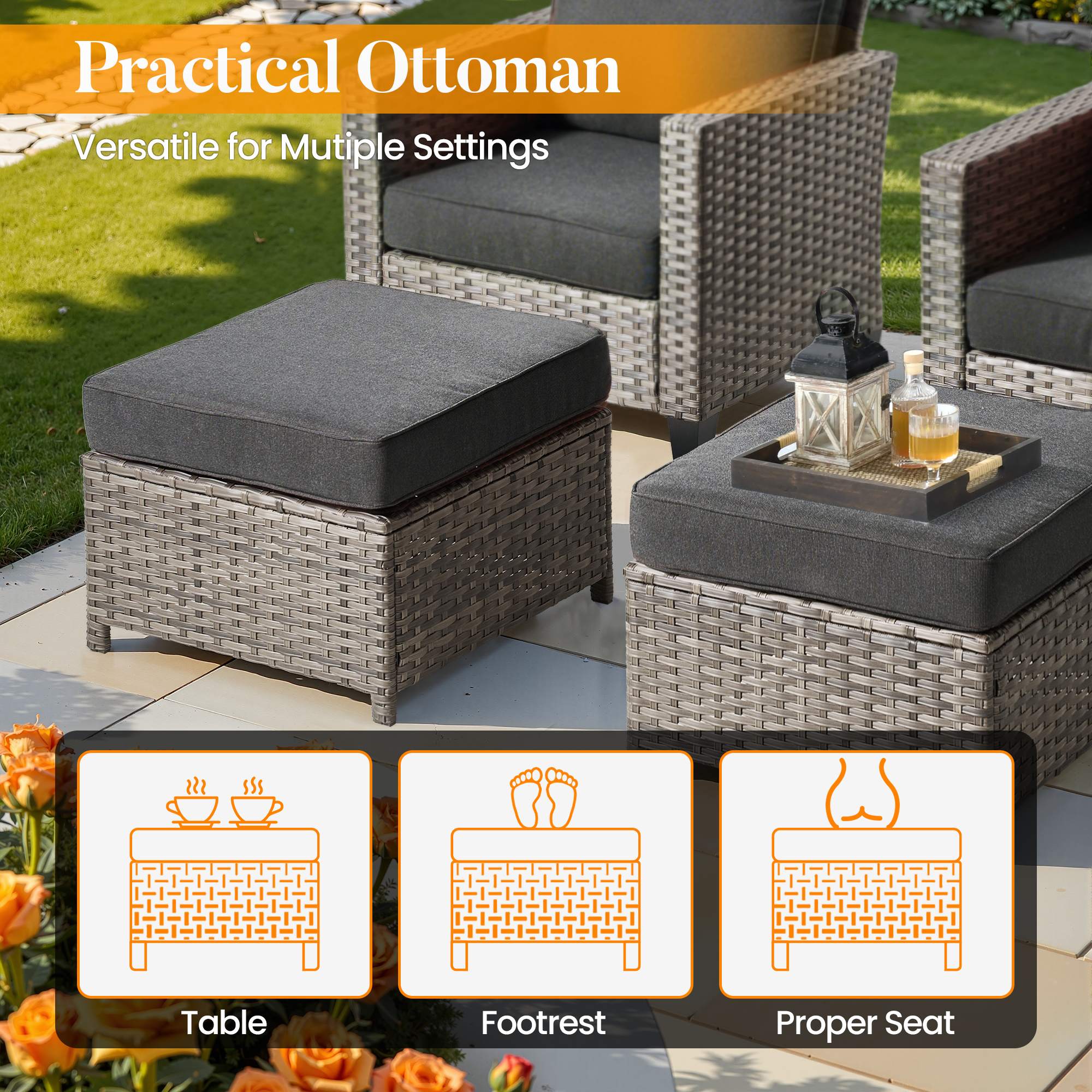 OVIOS Outdoor Patio Furniture Set with Wicker Sofa Loveseat Ottomans and Rocking Chairs