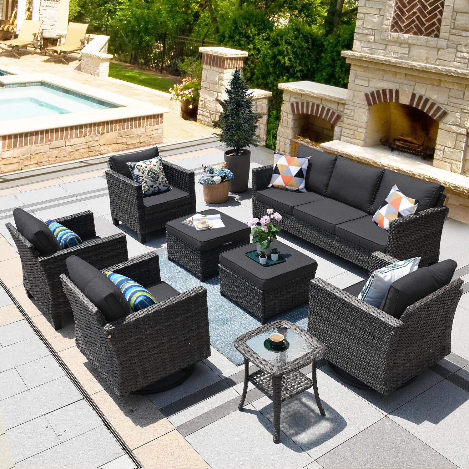 9 piece outdoor conversation set with swivel rocking chairs