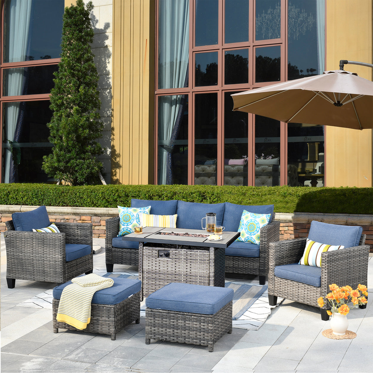 #Color_Grey Wicker Denim Blue Cushion