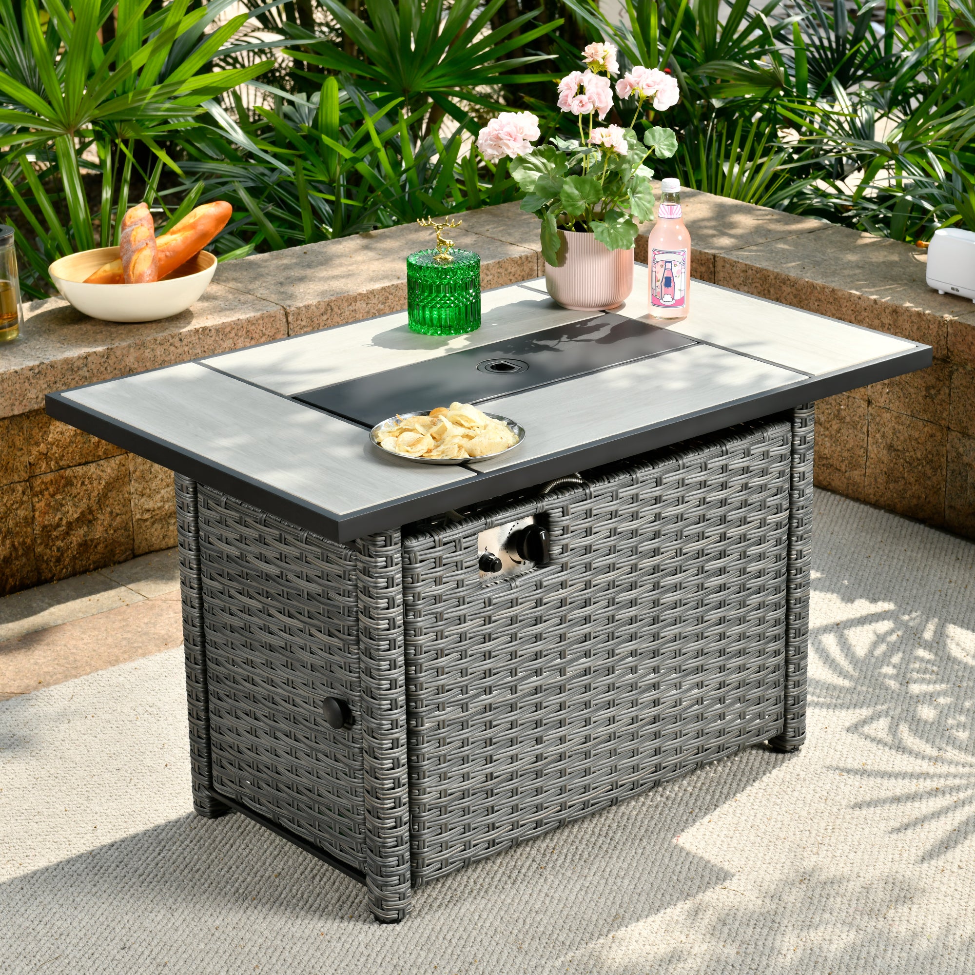 Ovios 42'' Rectangle Propane Fire Pit Table Grey Wicker for Athena Series(DAR)