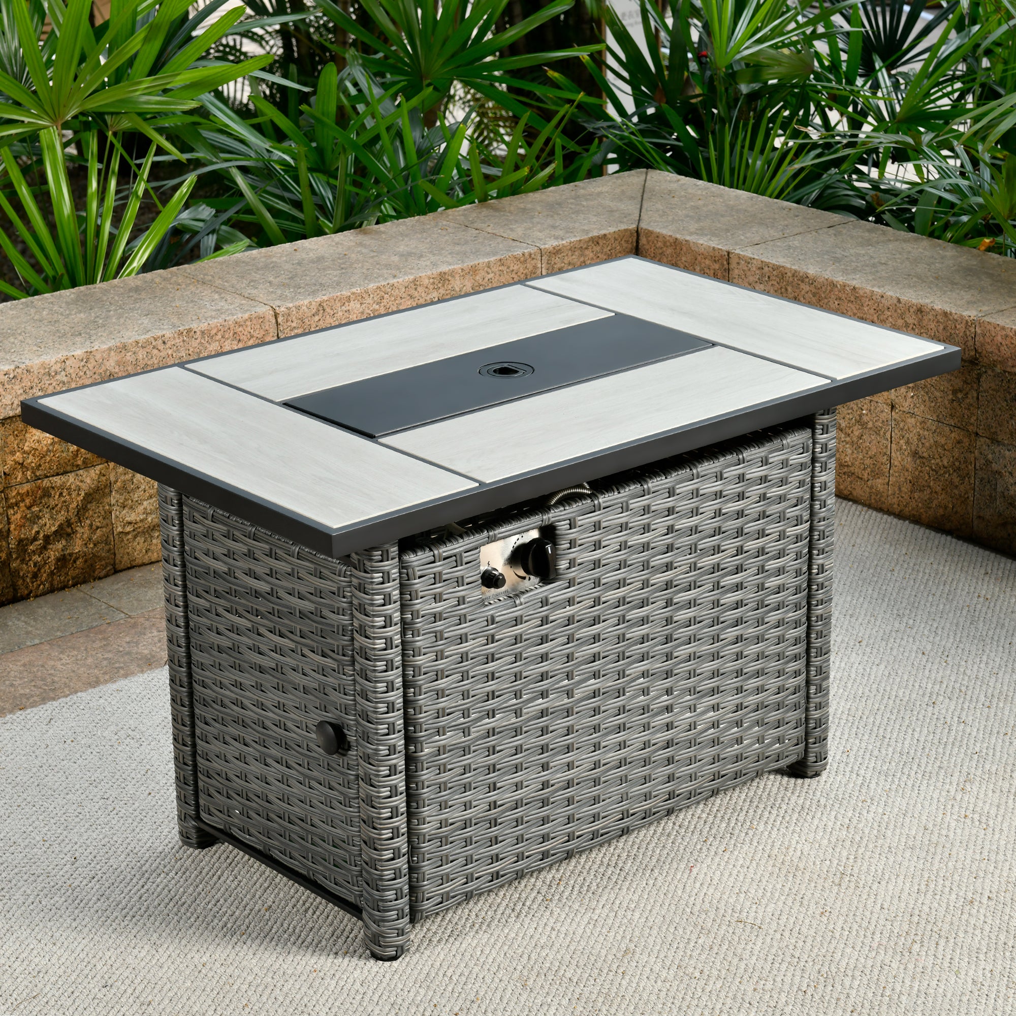 Ovios 42'' Rectangle Propane Fire Pit Table Grey Wicker for Athena Series(DAR)