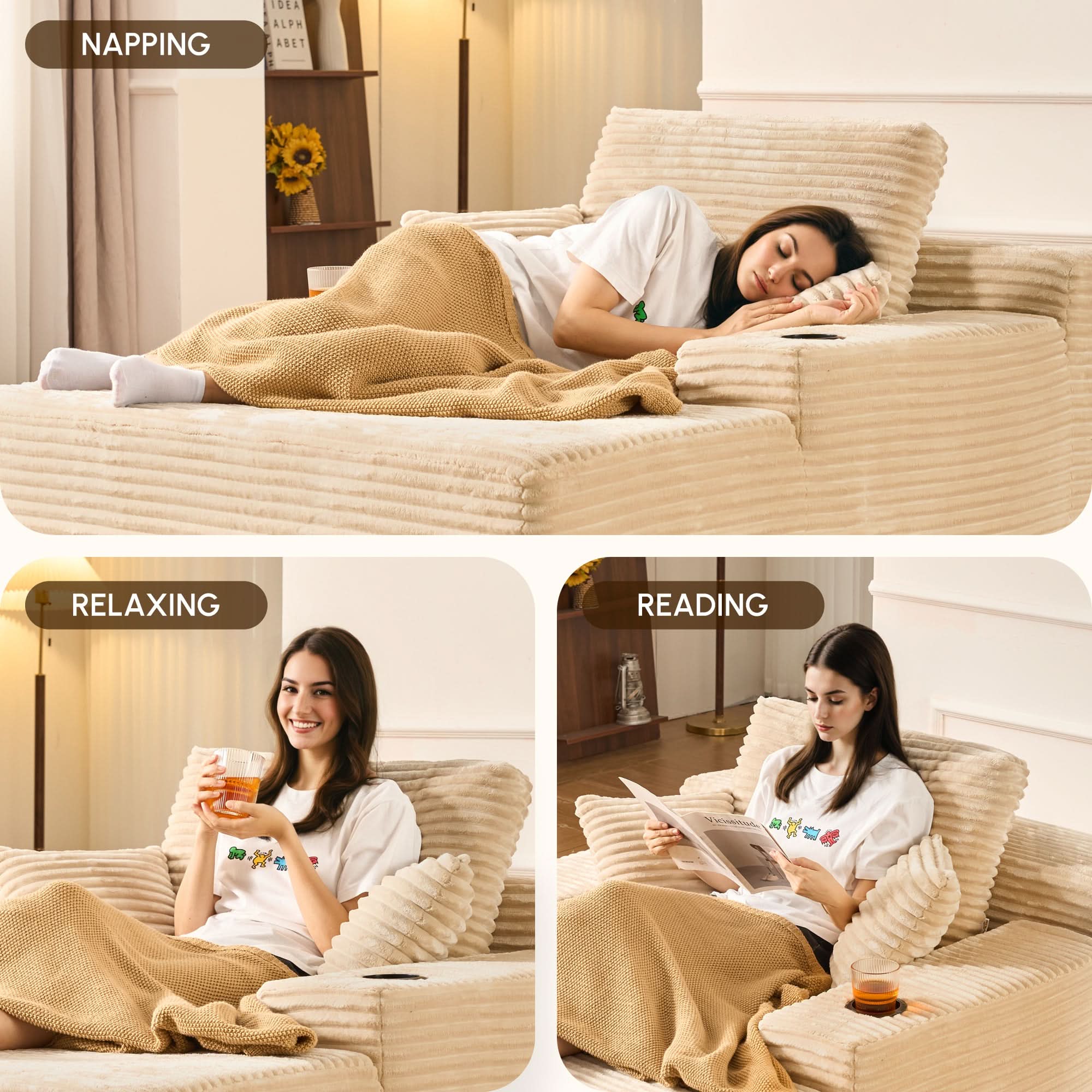 OVIOS 67" Chaise Lounge Chair with Cup Holders