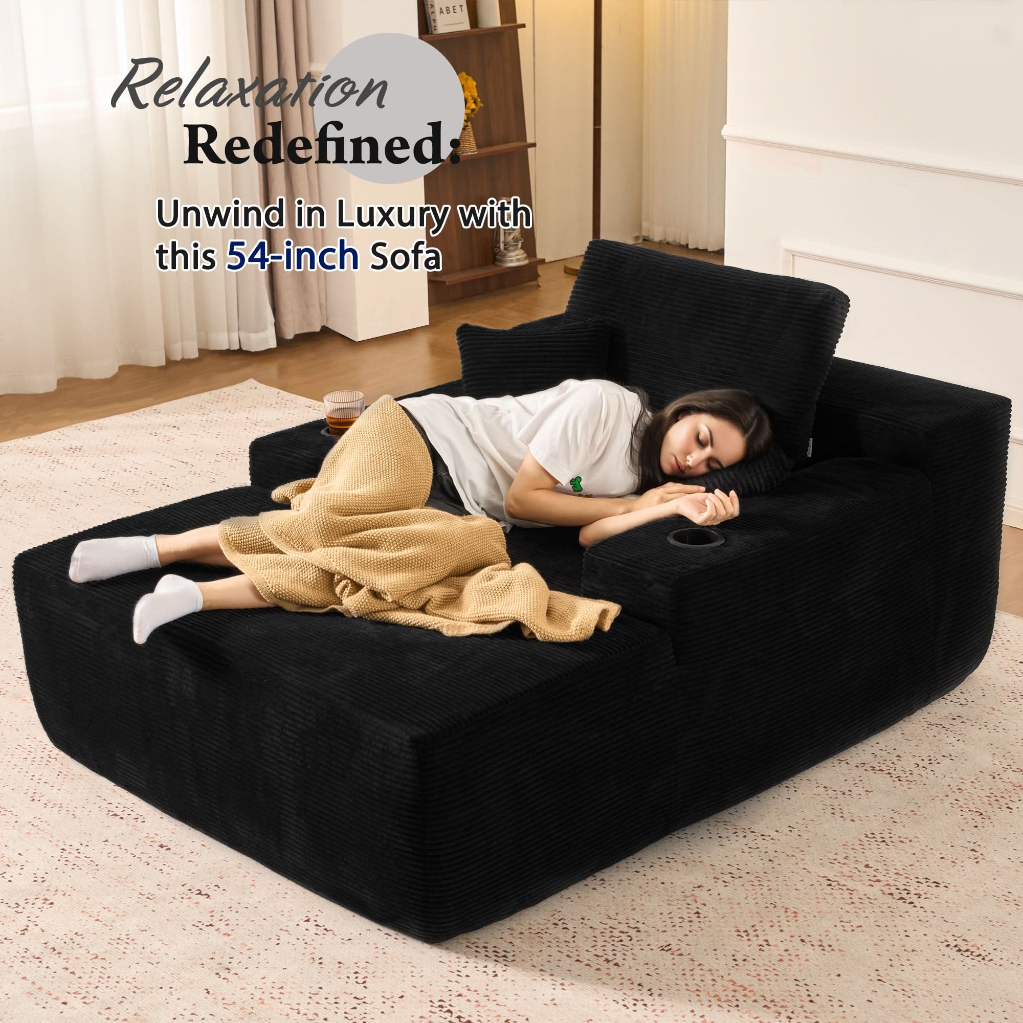 OVIOS 67" Oversized Chaise Lounge ,Corduroy Sleeper Sofa with Cup Holders