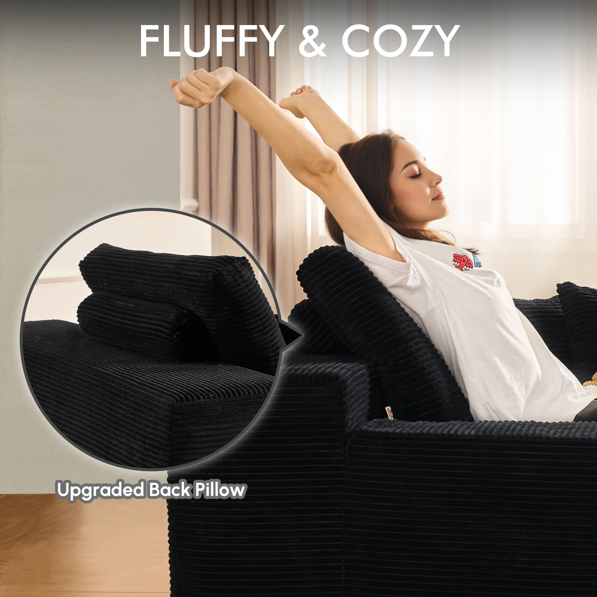 OVIOS 67" Oversized Chaise Lounge ,Corduroy Sleeper Sofa with Cup Holders