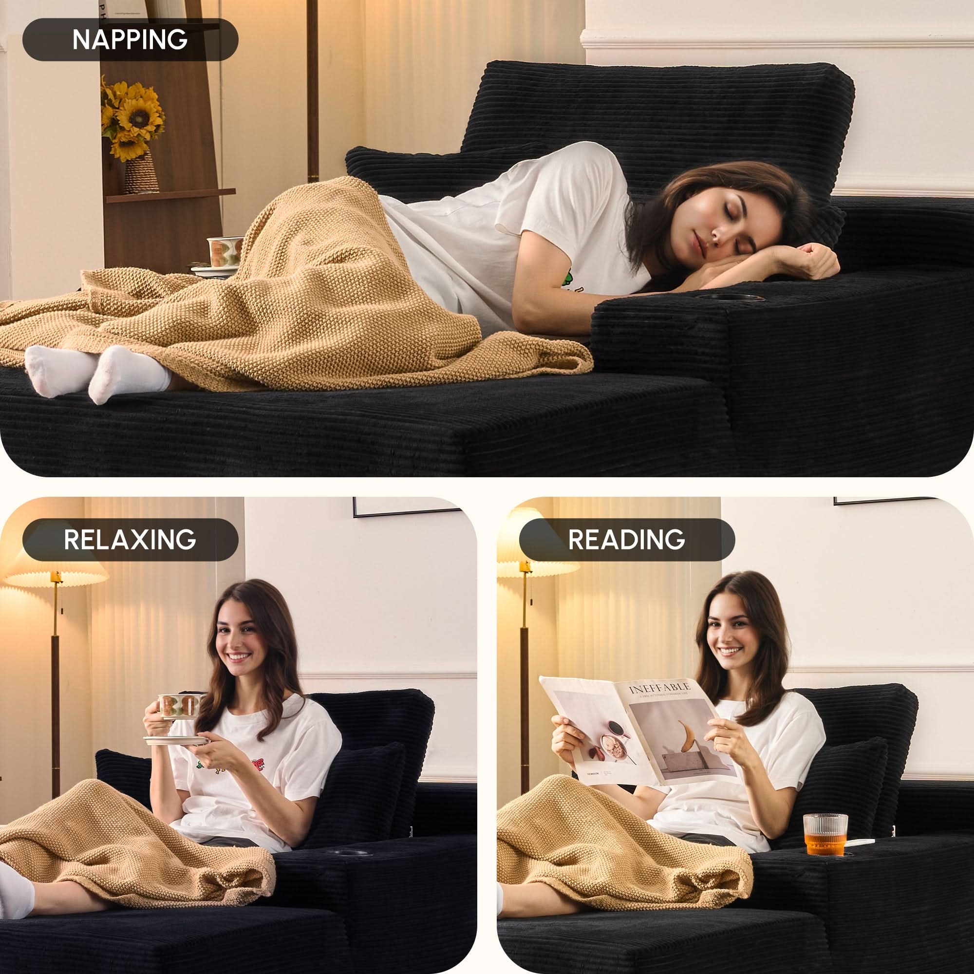 OVIOS 67" Oversized Chaise Lounge ,Corduroy Sleeper Sofa with Cup Holders