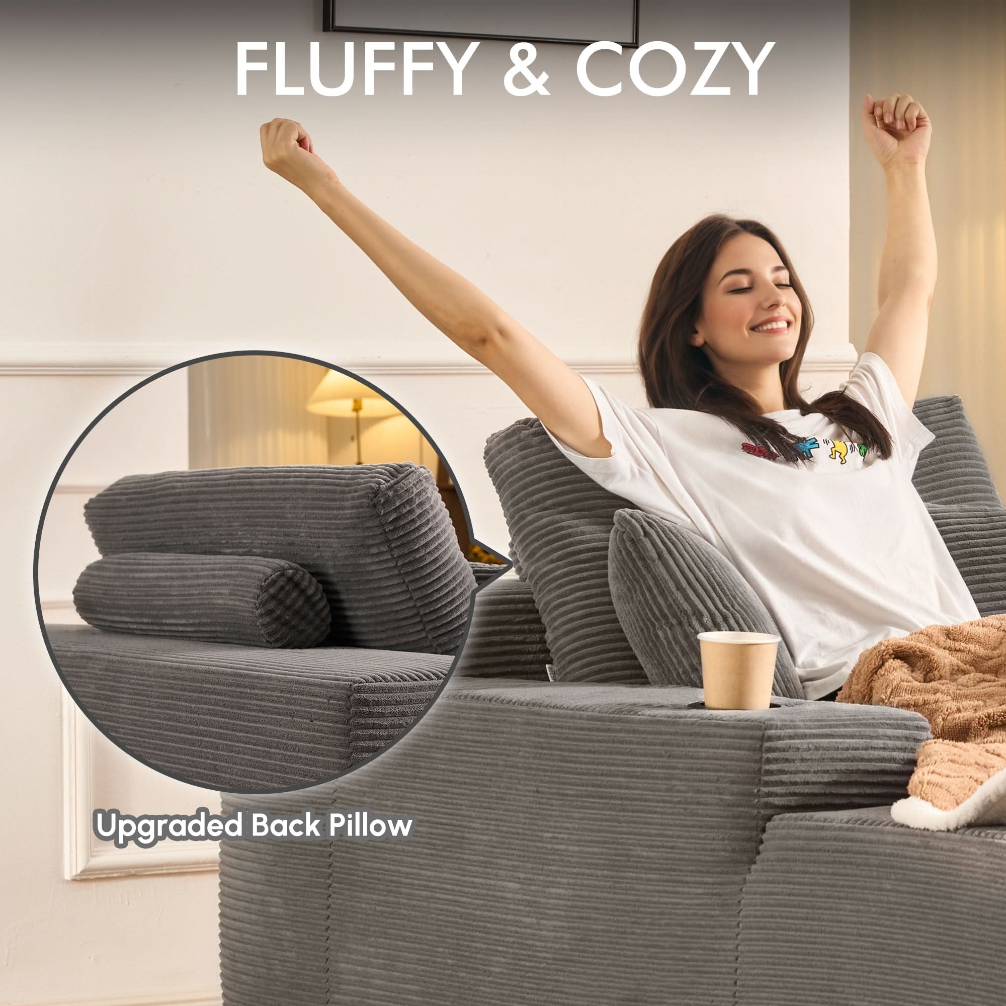 OVIOS 67" Oversized Chaise Lounge ,Corduroy Sleeper Sofa with Cup Holders