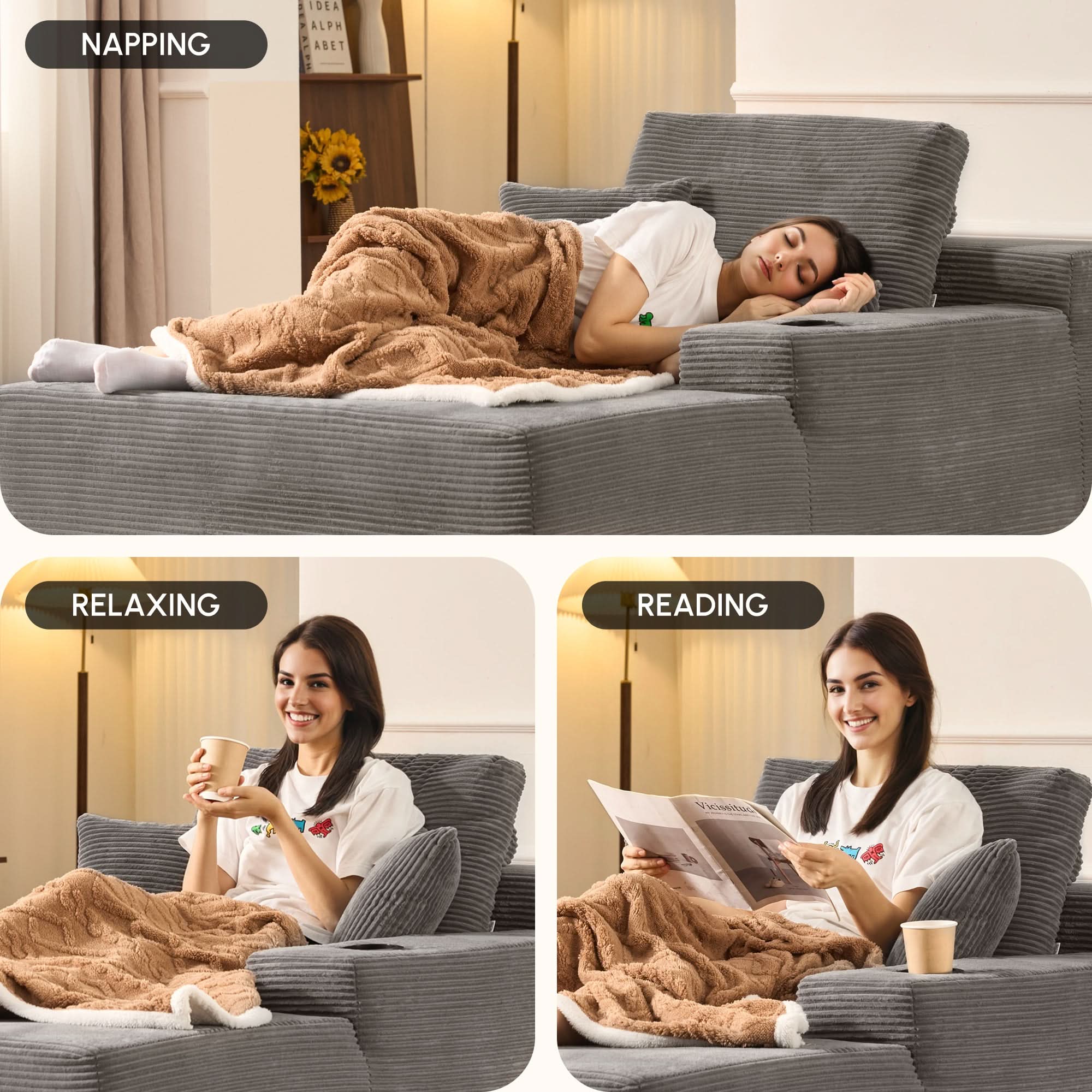 OVIOS 67" Oversized Chaise Lounge ,Corduroy Sleeper Sofa with Cup Holders