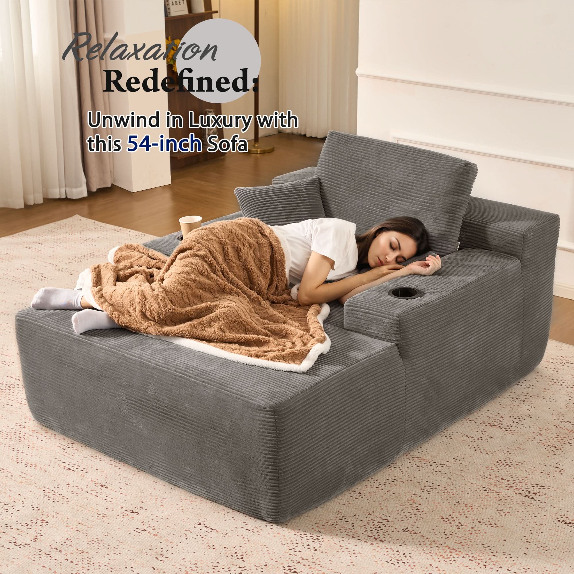 OVIOS 67" Oversized Chaise Lounge ,Corduroy Sleeper Sofa with Cup Holders