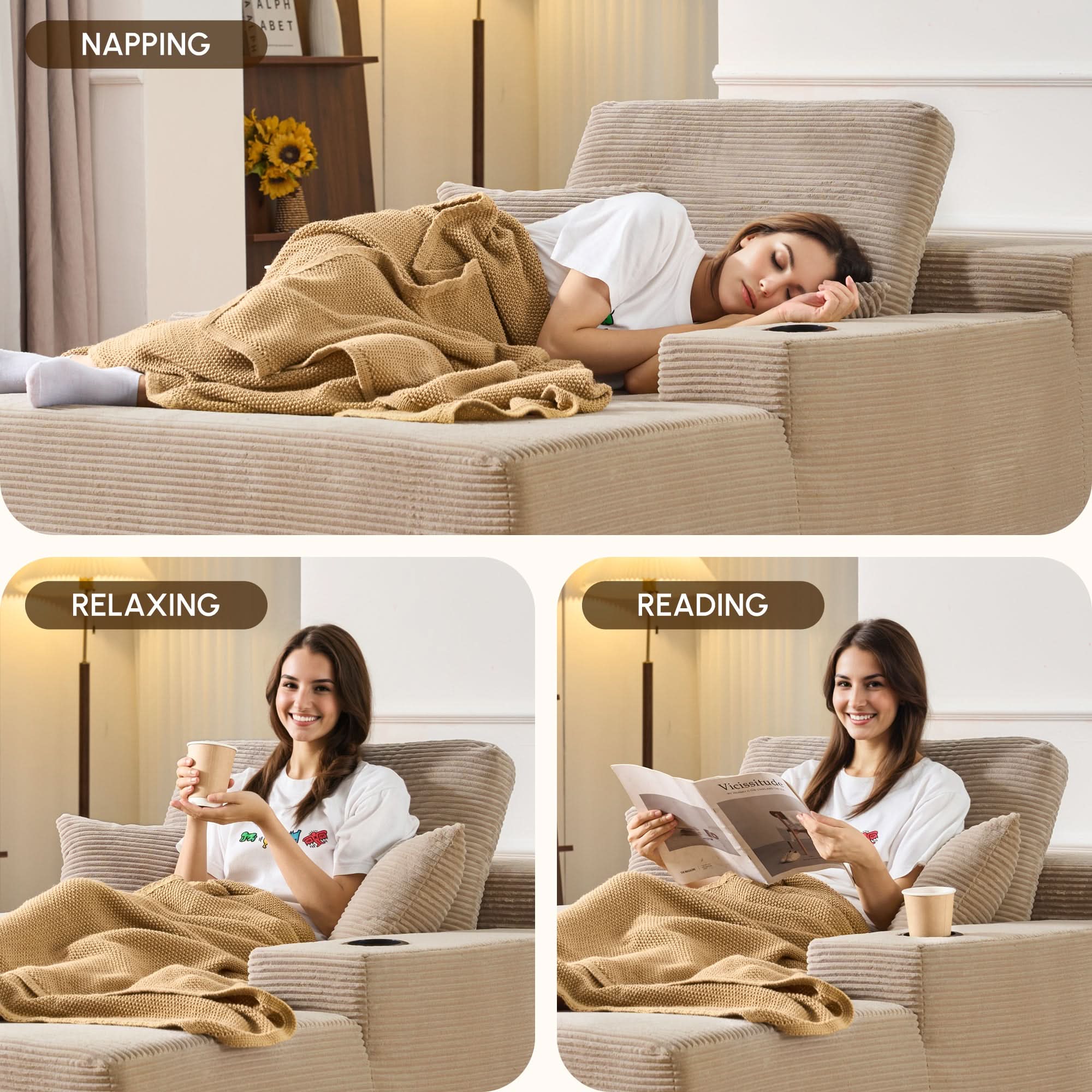 OVIOS 67" Oversized Chaise Lounge ,Corduroy Sleeper Sofa with Cup Holders