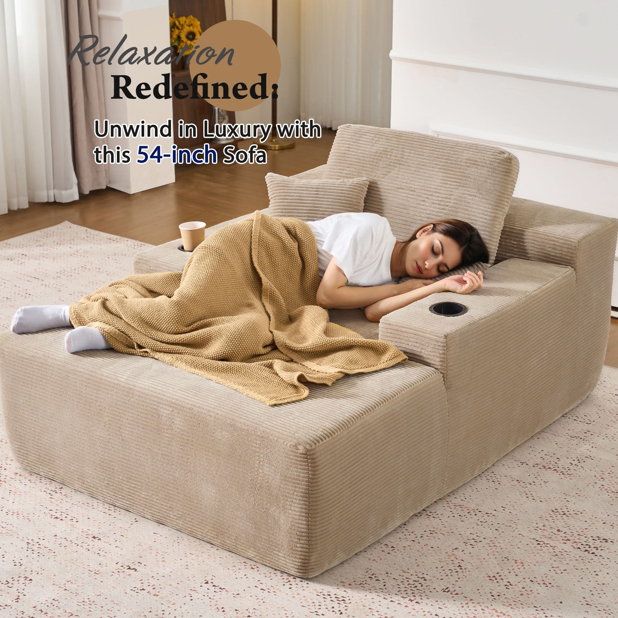 OVIOS 67" Oversized Chaise Lounge ,Corduroy Sleeper Sofa with Cup Holders