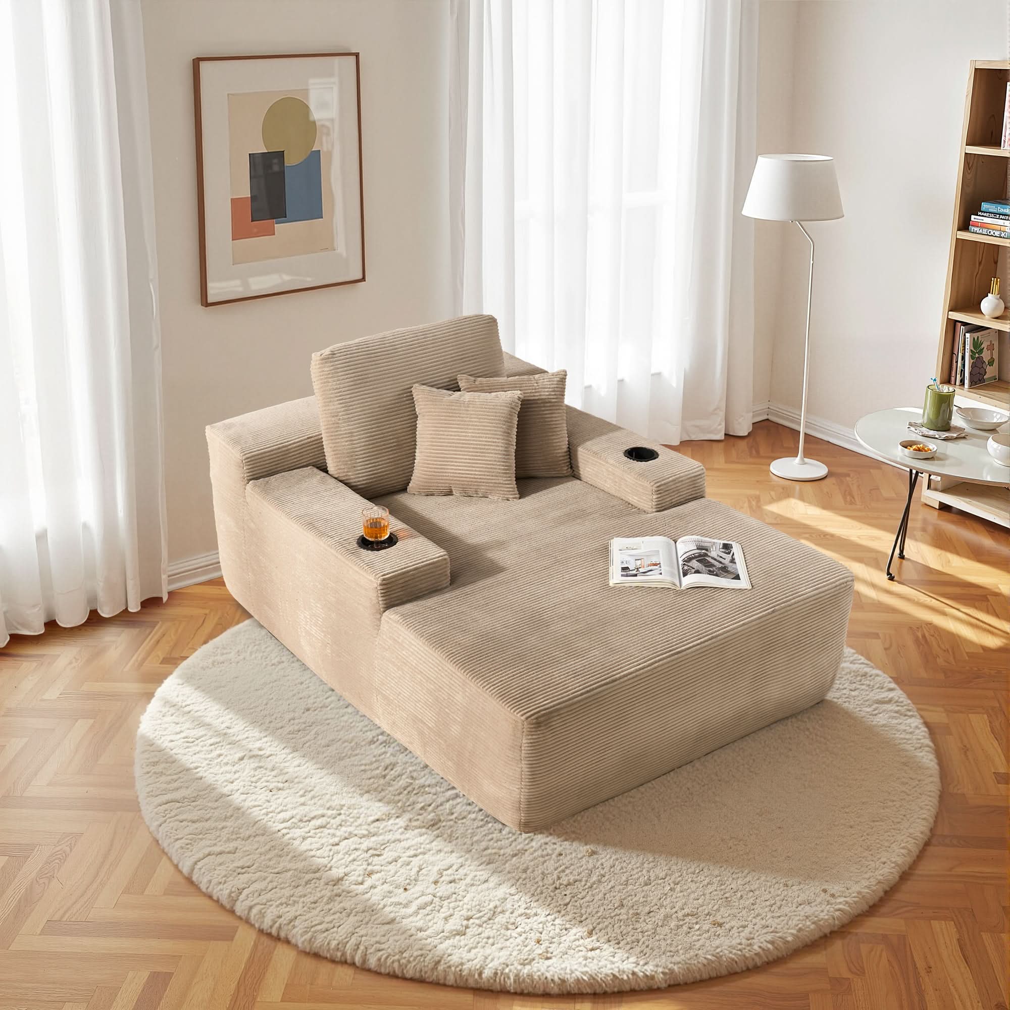 OVIOS 67" Oversized Chaise Lounge ,Corduroy Sleeper Sofa with Cup Holders