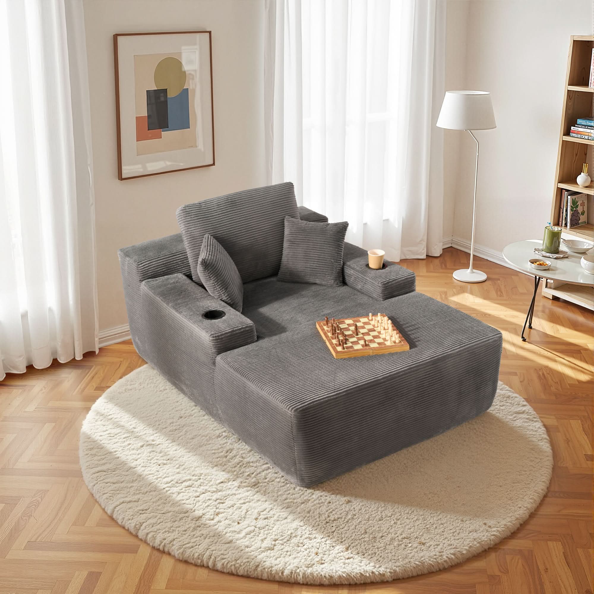 OVIOS 67" Oversized Chaise Lounge ,Corduroy Sleeper Sofa with Cup Holders