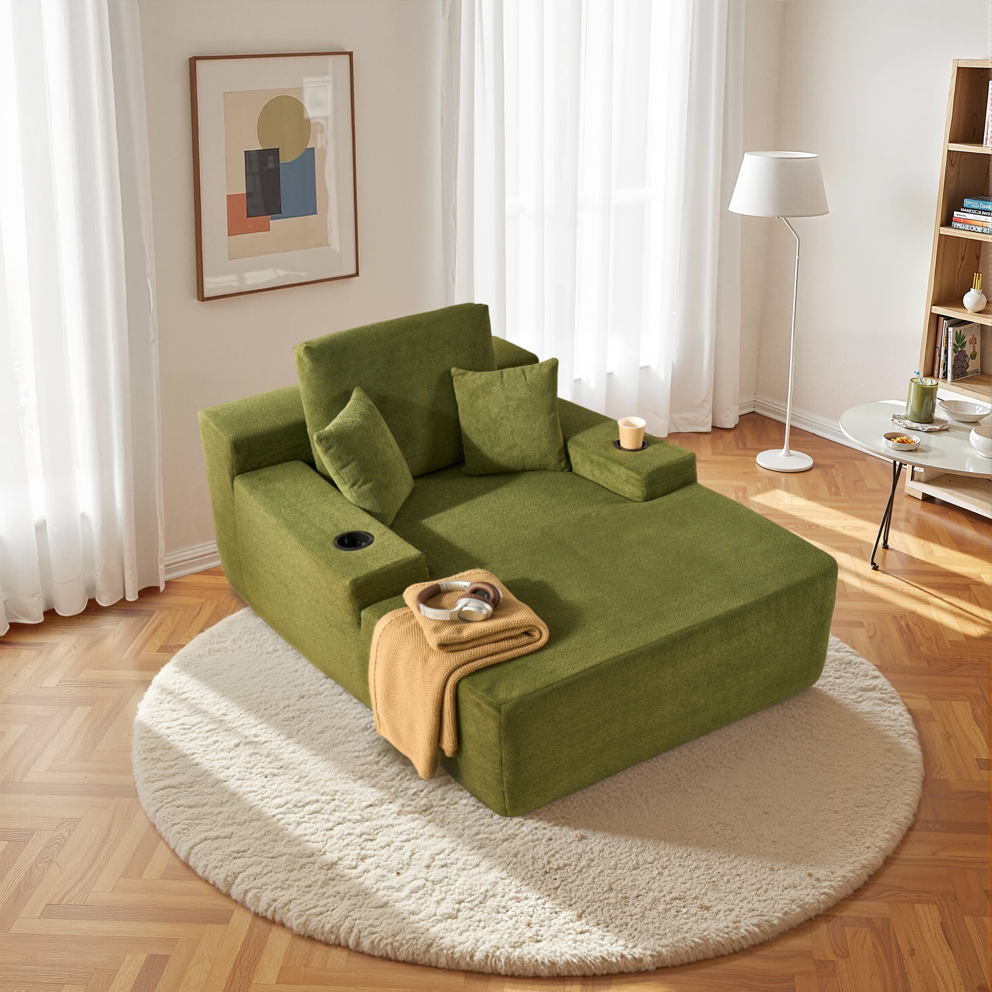 OVIOS 67" Chaise Lounge Chair with Cup Holders, Plush Velvet Sofa Bed