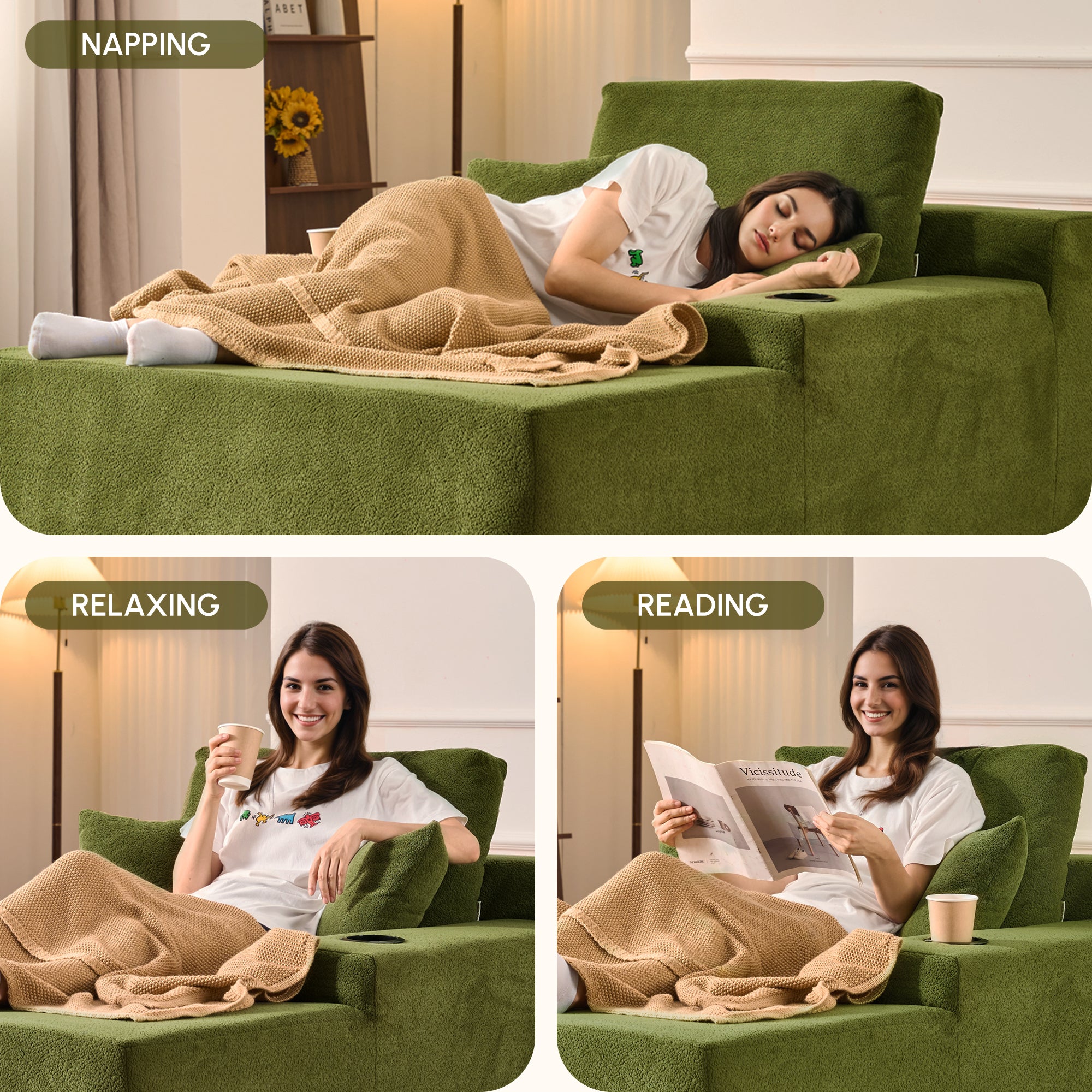 OVIOS 67" Chaise Lounge Chair with Cup Holders, Plush Velvet Sofa Bed