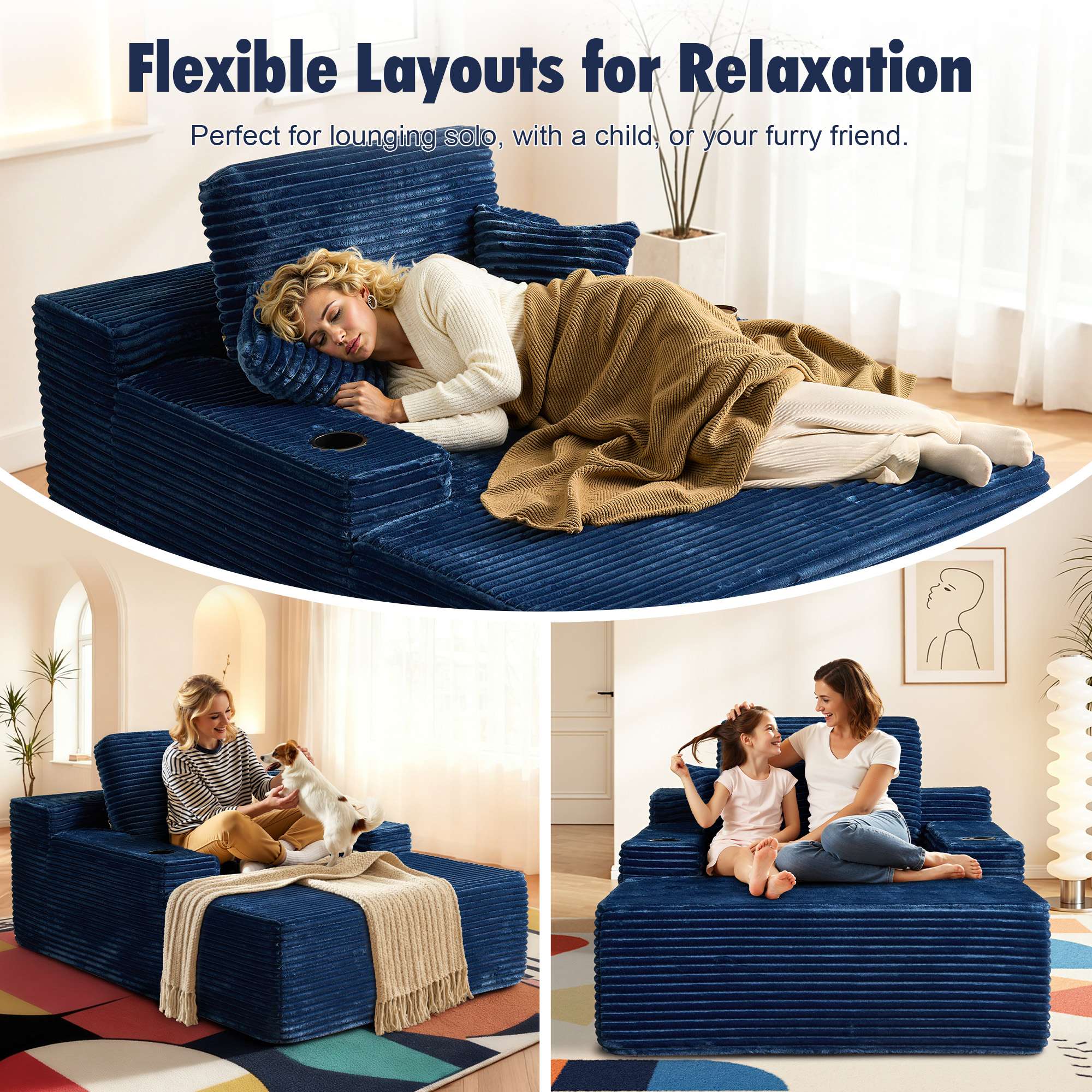 OVIOS 67" Chaise Lounge Chair with Cup Holders