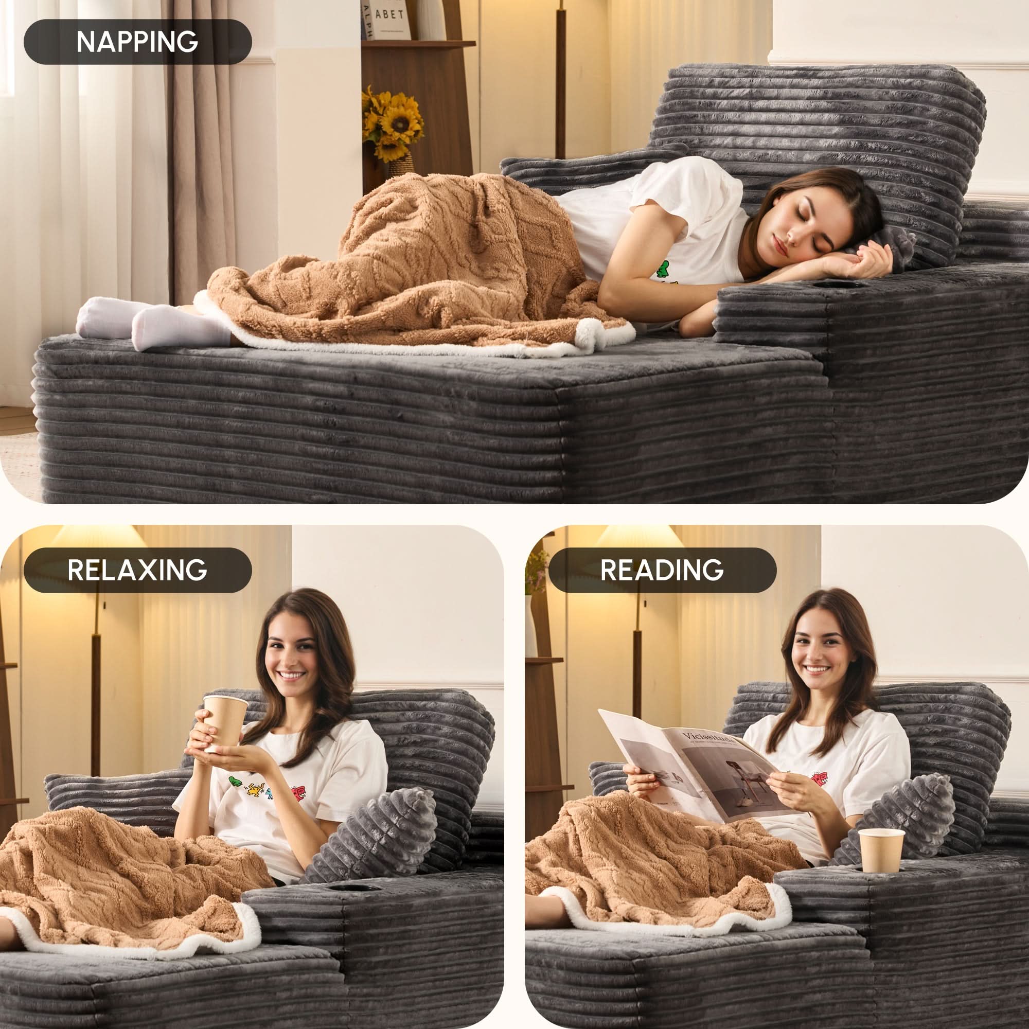 OVIOS 67" Chaise Lounge Chair with Cup Holders