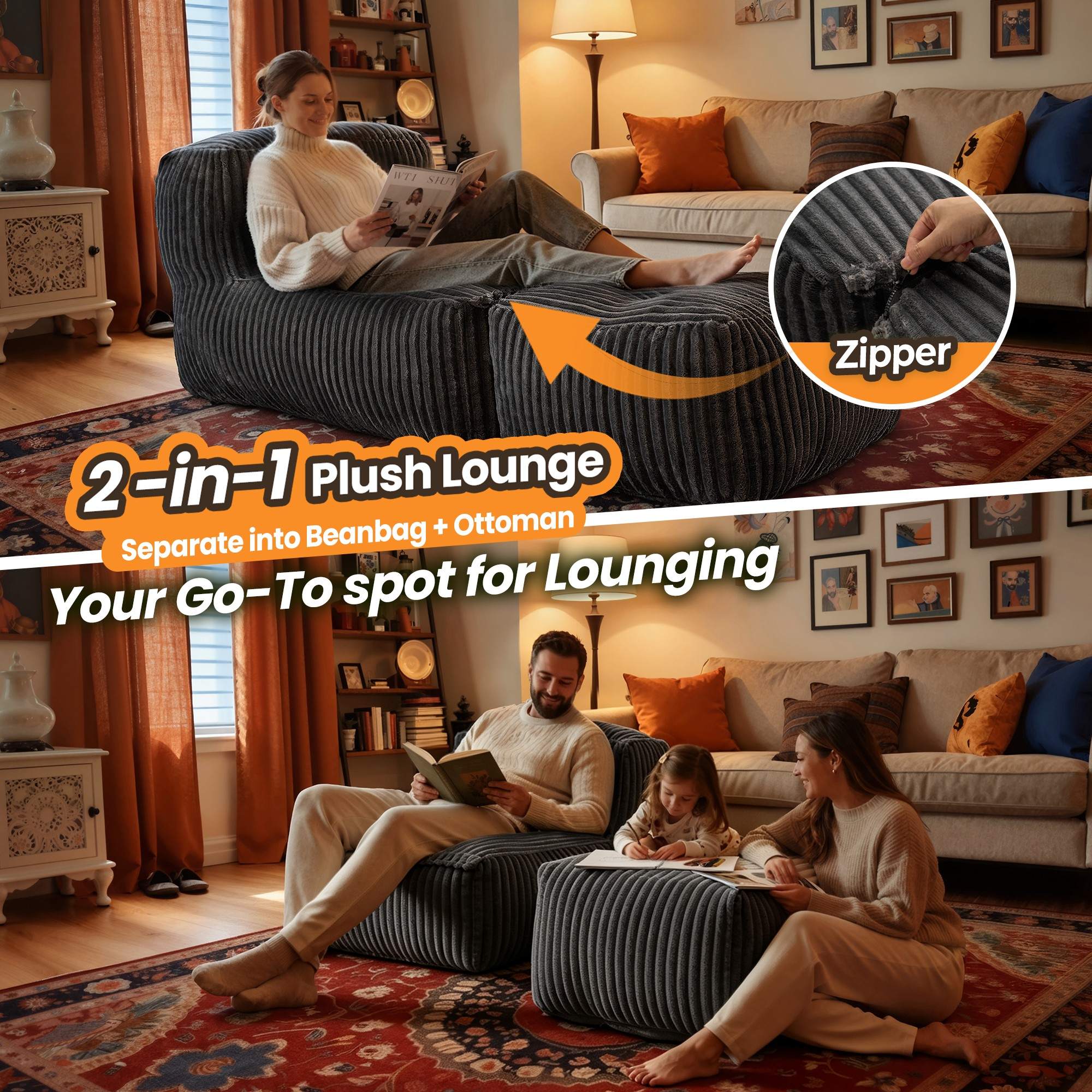 OVIOS Oversized Boneless Sofa Bean Bag Chair with Memory Foam for Living Room