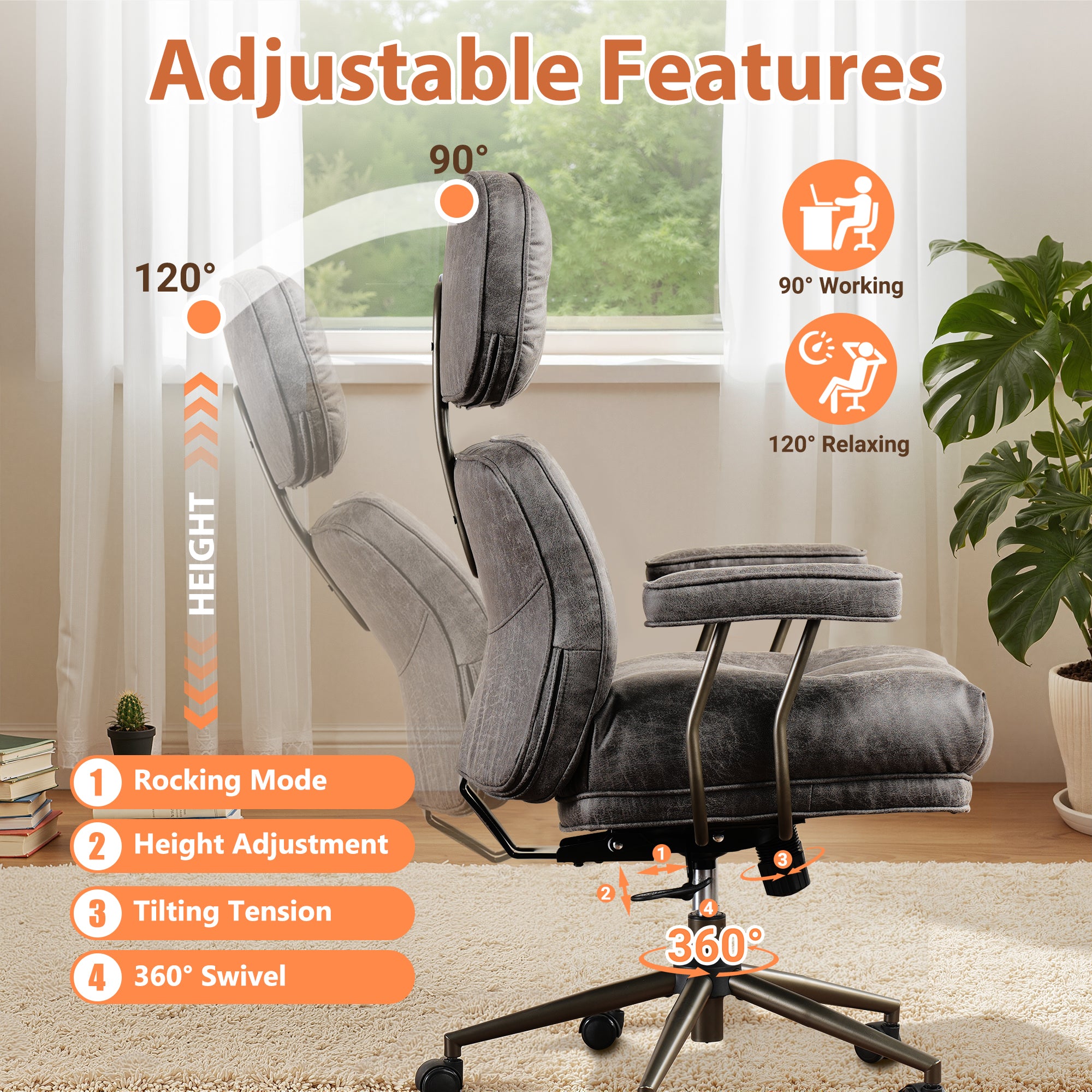 OVIOS Office Executive Chair Oversize Cushions Suede Fabric