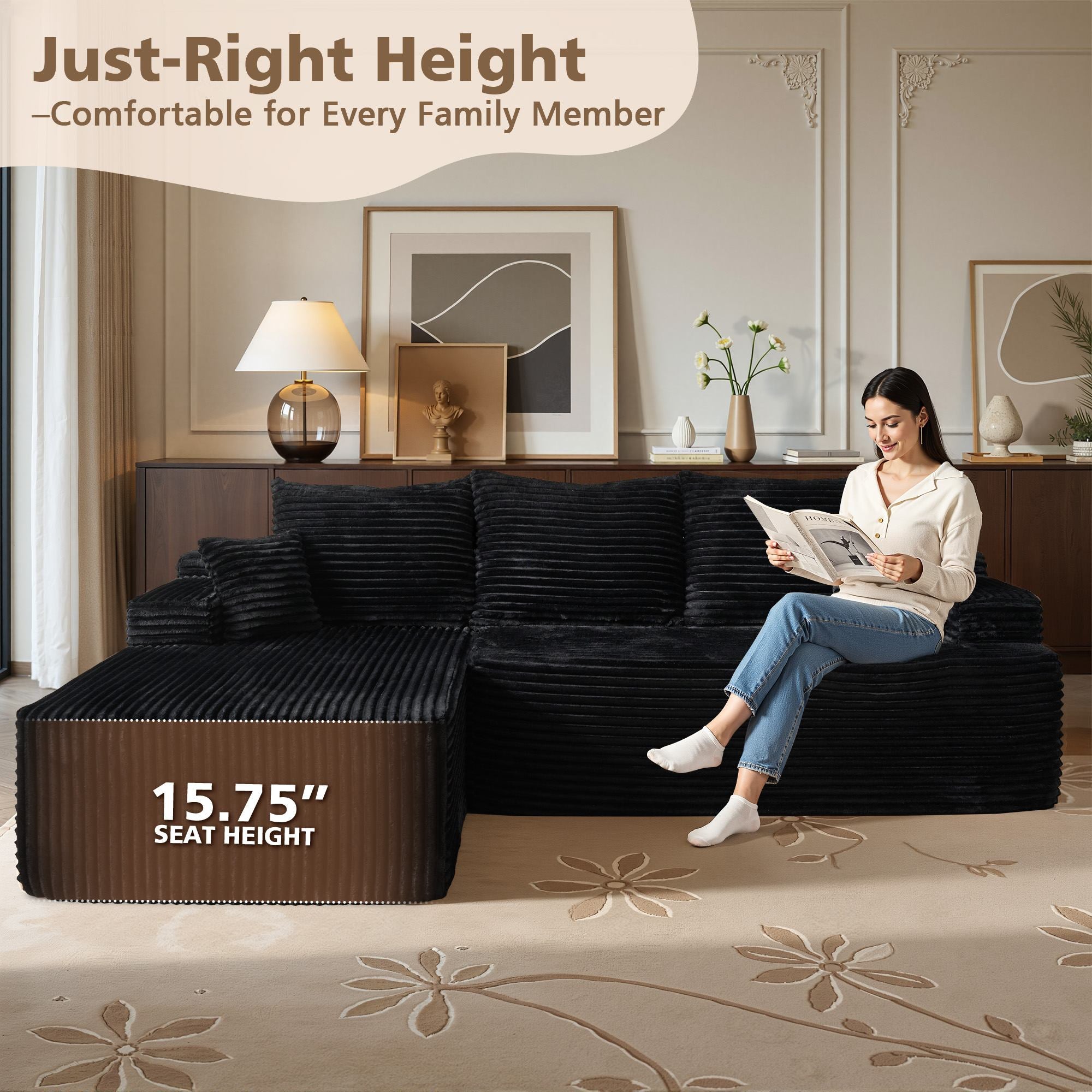 OVIOS 96" Cloud Sectional Couch with L-Shape Chaise,Modern Modular Sofa with Deep Seat, No Assembly Required