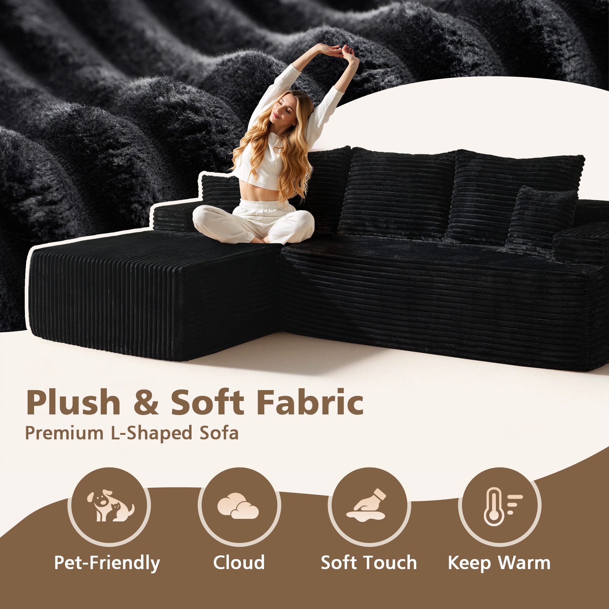 OVIOS 96" Cloud Sectional Couch with L-Shape Chaise,Modern Modular Sofa with Deep Seat, No Assembly Required