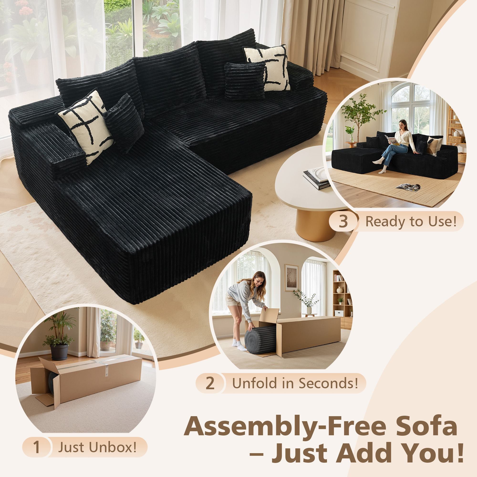 OVIOS 96" Cloud Sectional Couch with L-Shape Chaise,Modern Modular Sofa with Deep Seat, No Assembly Required