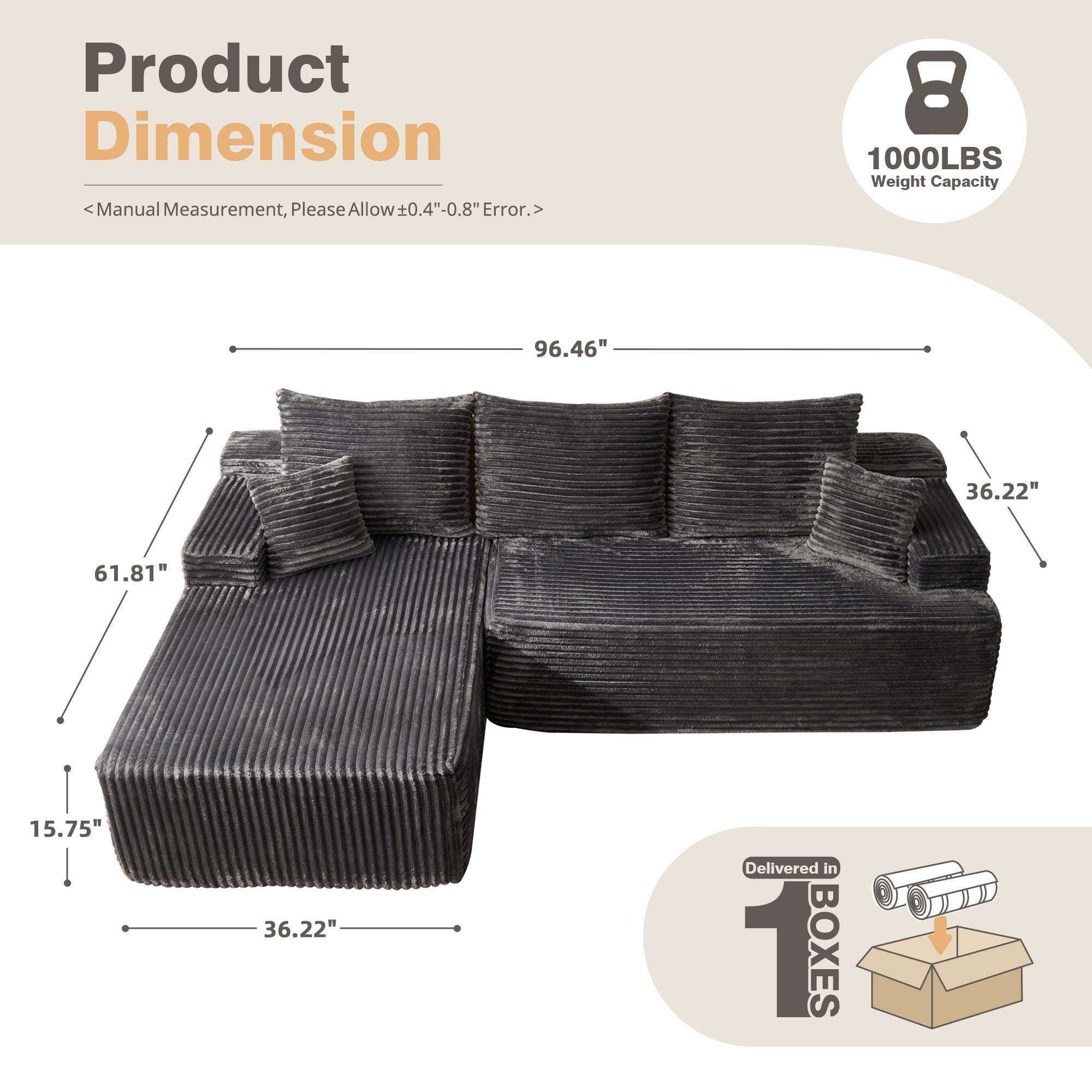 OVIOS 96" Cloud Sectional Couch with L-Shape Chaise,Modern Modular Sofa with Deep Seat, No Assembly Required