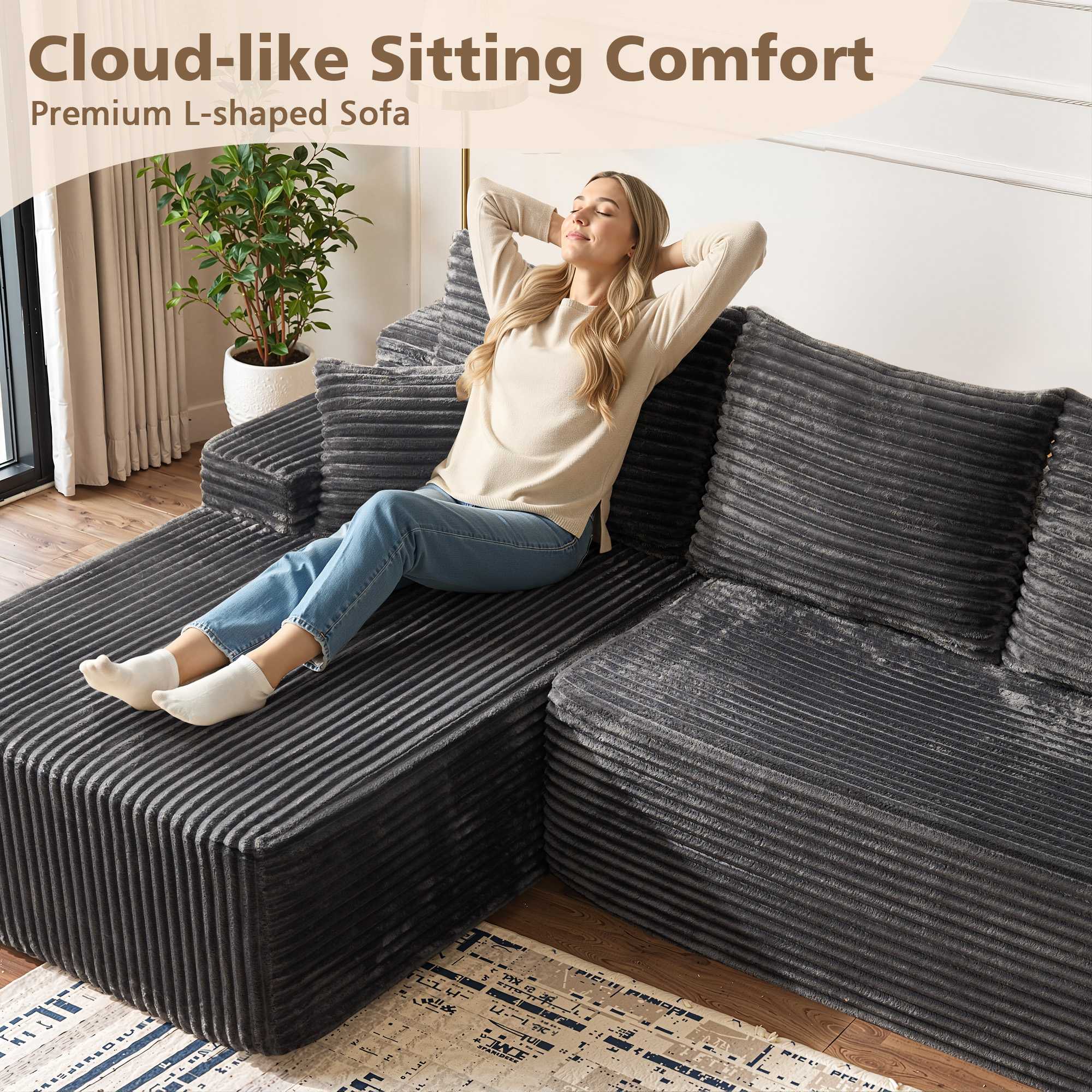 OVIOS 96" Cloud Sectional Couch with L-Shape Chaise,Modern Modular Sofa with Deep Seat, No Assembly Required