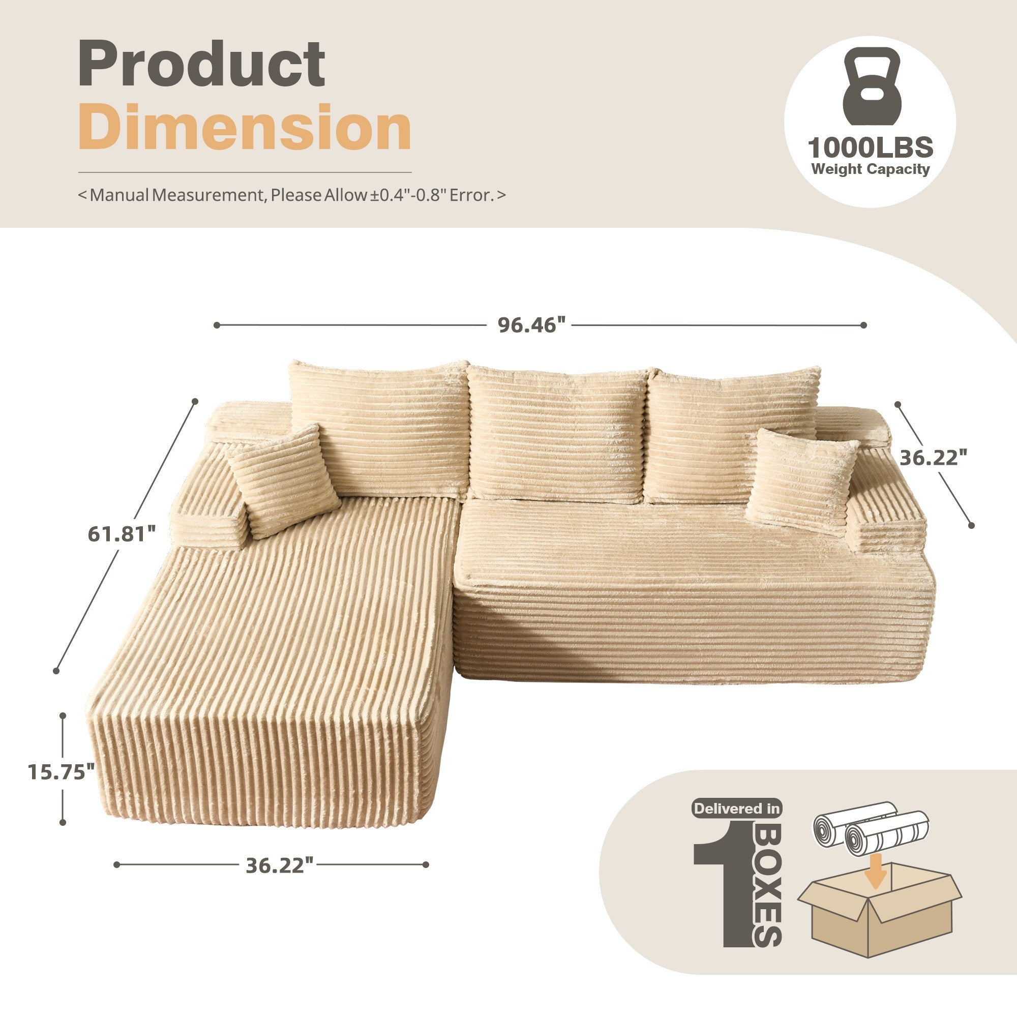 OVIOS 96" Cloud Sectional Couch with L-Shape Chaise,Modern Modular Sofa with Deep Seat, No Assembly Required