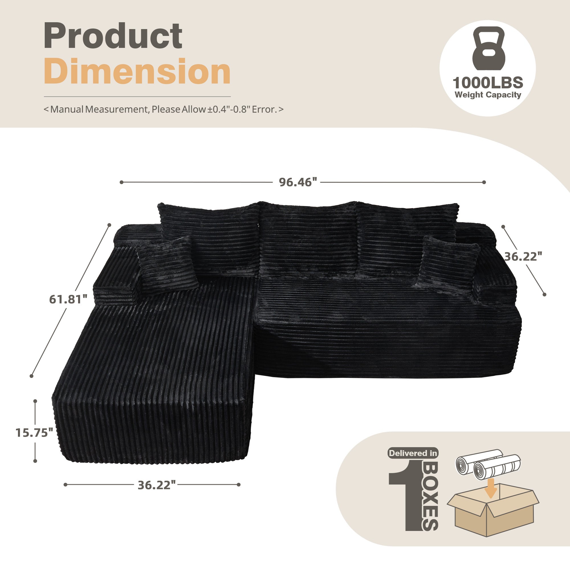 OVIOS 96" Cloud Sectional Couch with L-Shape Chaise,Modern Modular Sofa with Deep Seat, No Assembly Required