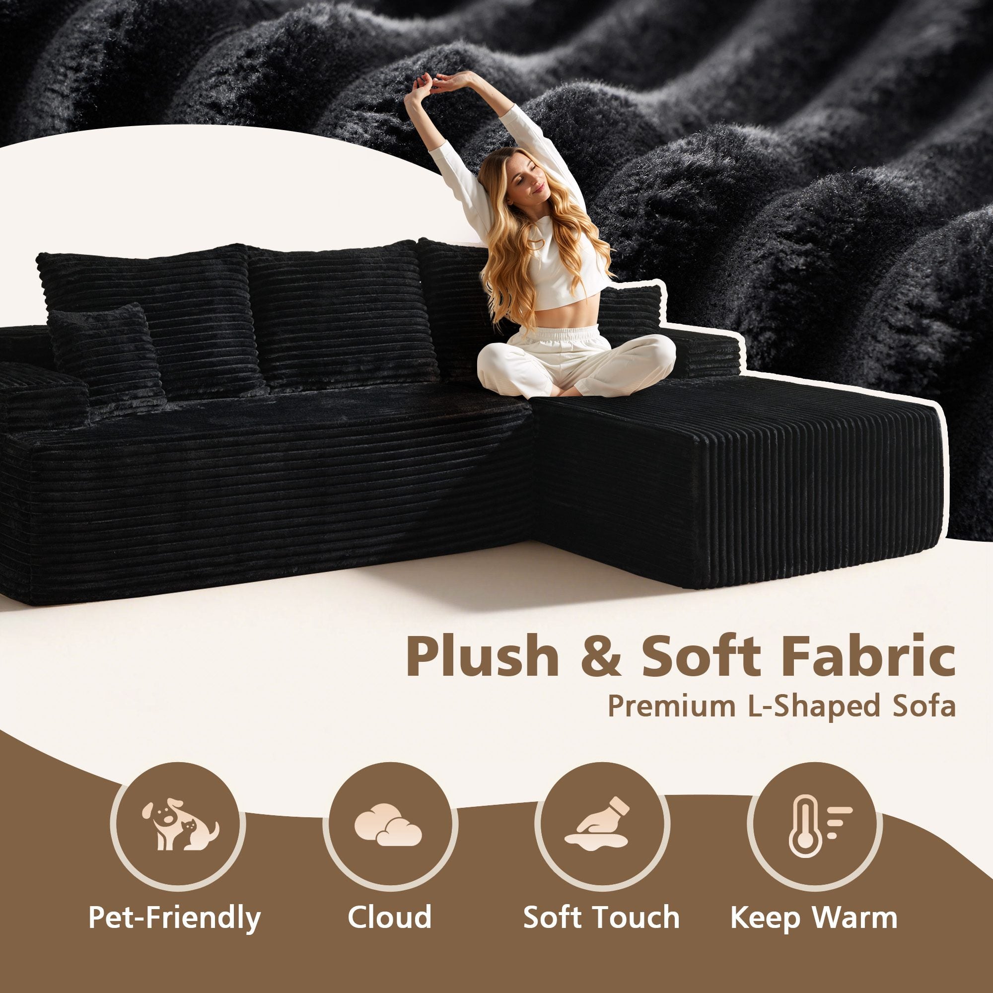 OVIOS 96" Cloud Sectional Couch with L-Shape Chaise,Modern Modular Sofa with Deep Seat, No Assembly Required