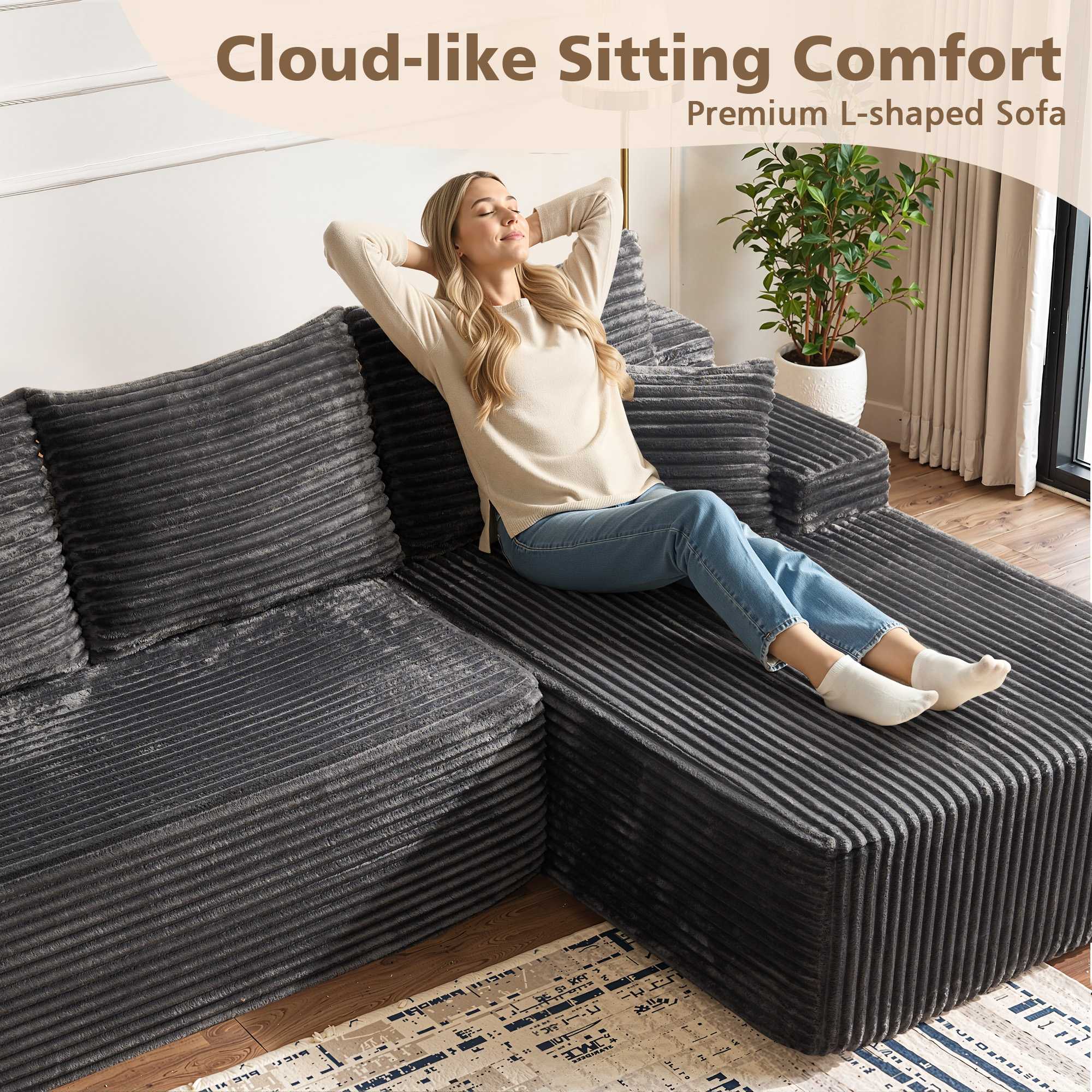 OVIOS 96" Cloud Sectional Couch with L-Shape Chaise,Modern Modular Sofa with Deep Seat, No Assembly Required