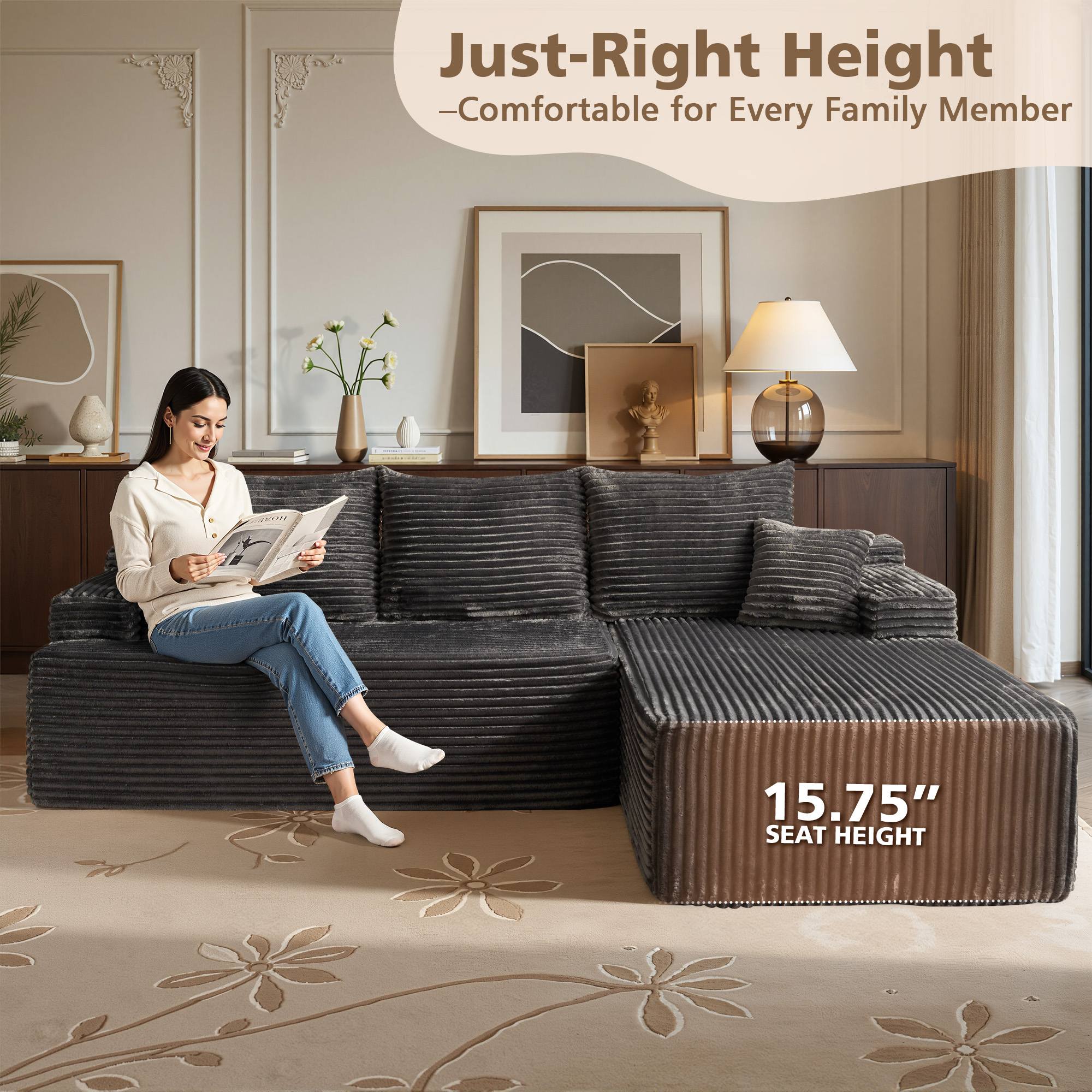 OVIOS 96" Cloud Sectional Couch with L-Shape Chaise,Modern Modular Sofa with Deep Seat, No Assembly Required