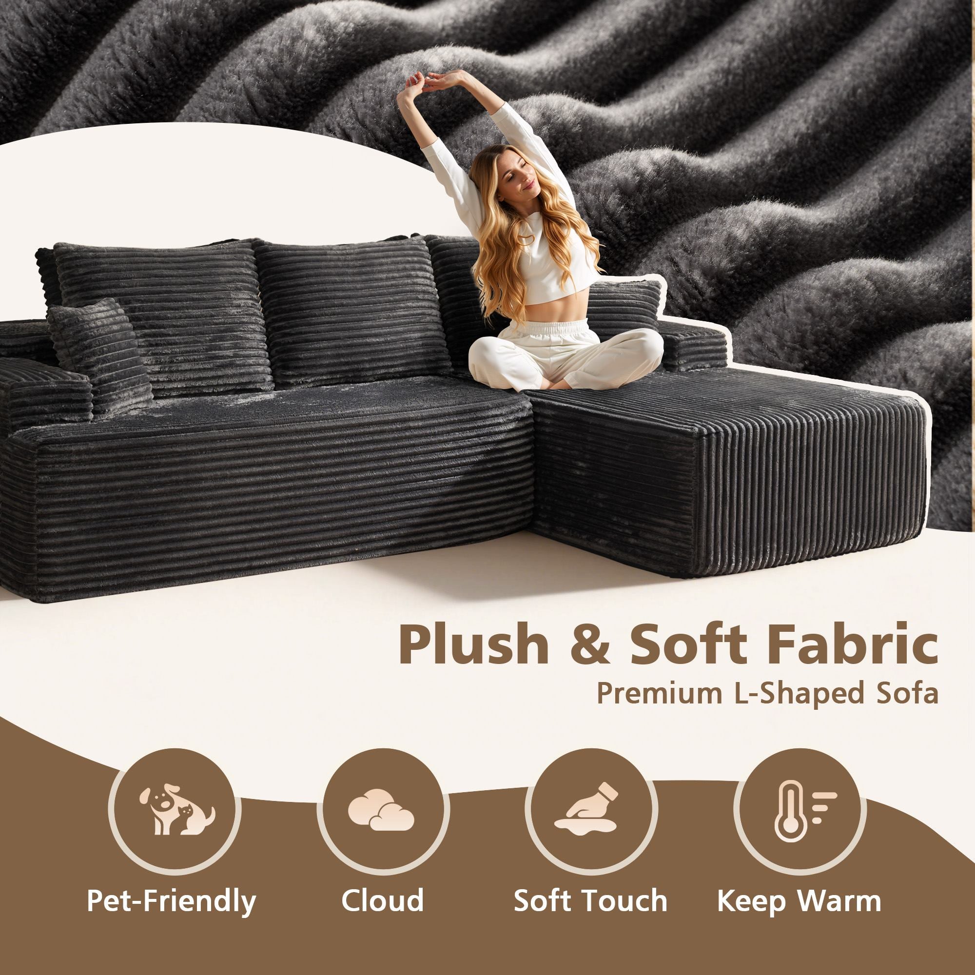 OVIOS 96" Cloud Sectional Couch with L-Shape Chaise,Modern Modular Sofa with Deep Seat, No Assembly Required