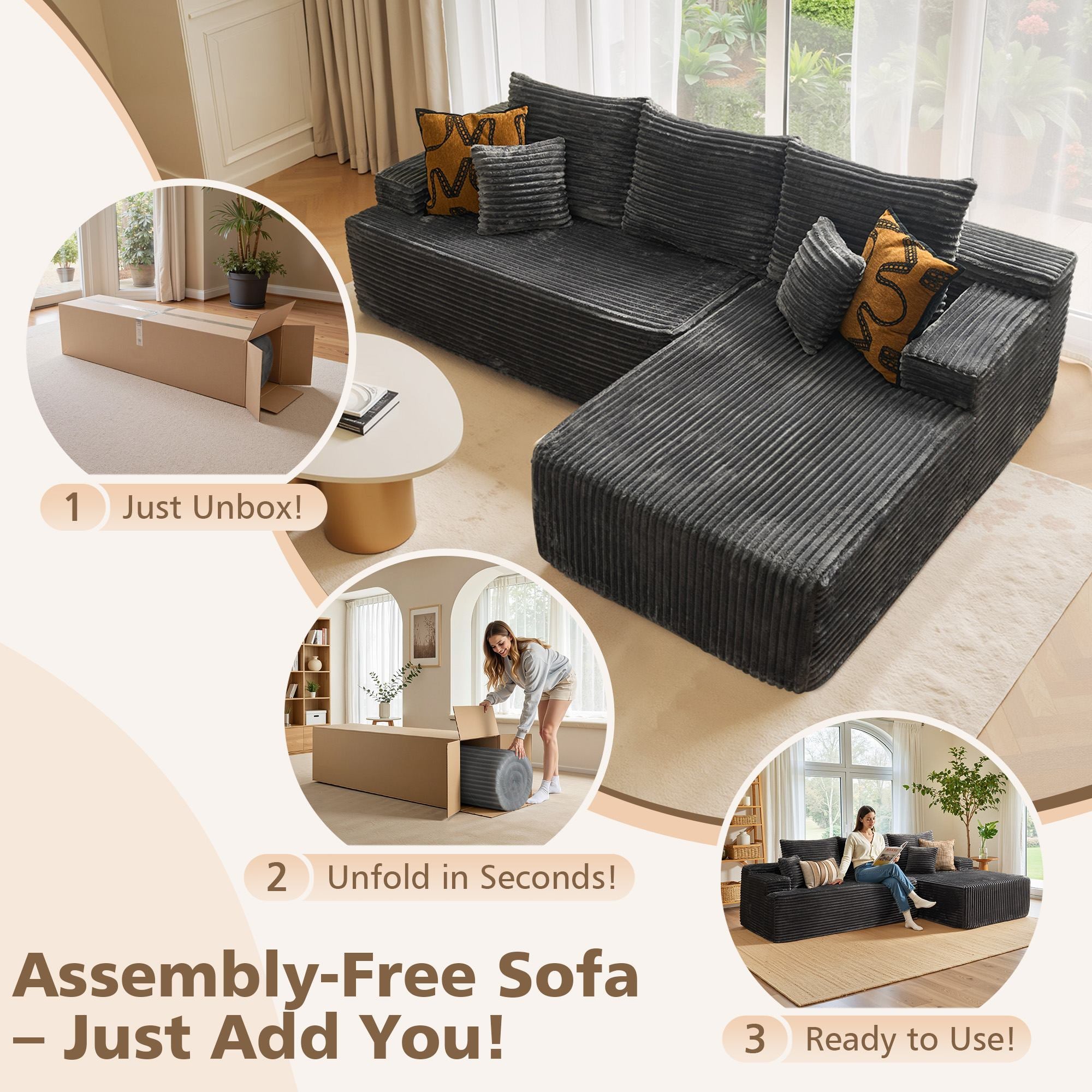 OVIOS 96" Cloud Sectional Couch with L-Shape Chaise,Modern Modular Sofa with Deep Seat, No Assembly Required