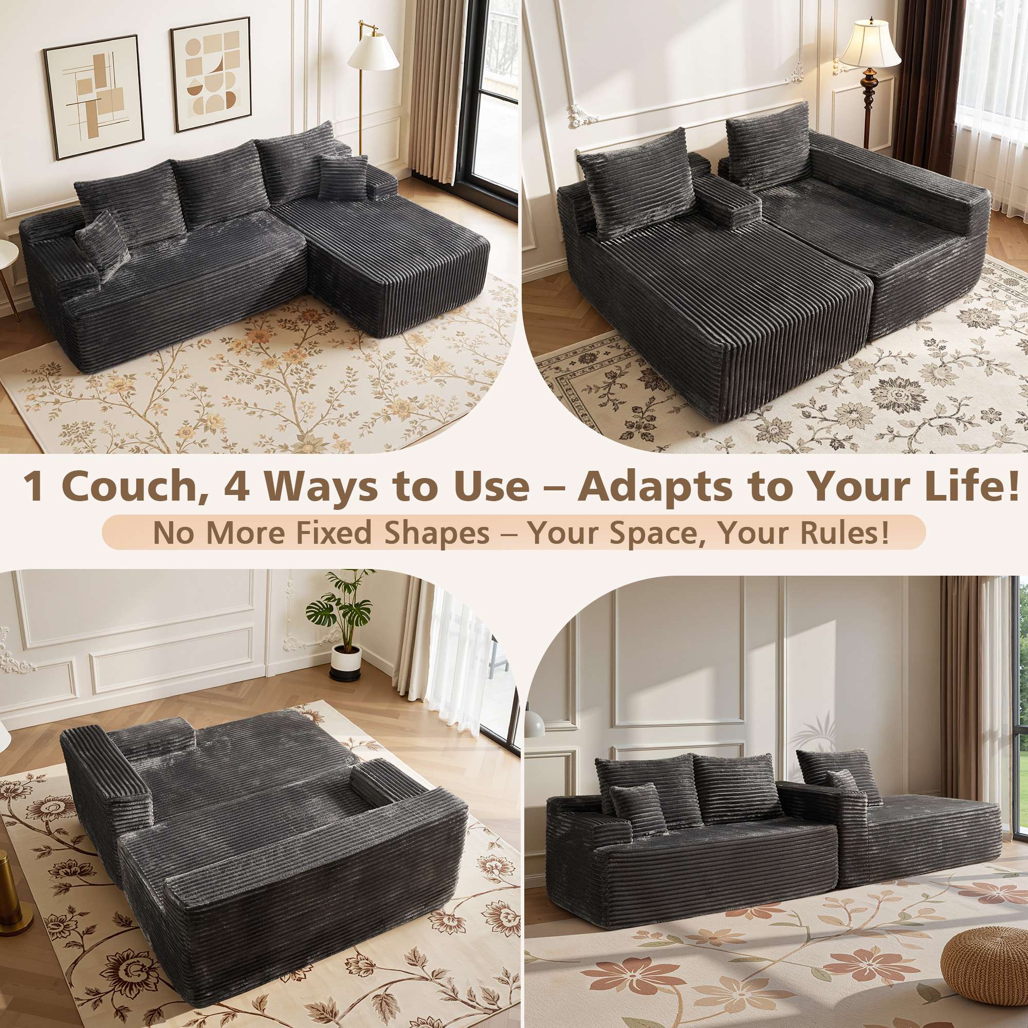 OVIOS 96" Cloud Sectional Couch with L-Shape Chaise,Modern Modular Sofa with Deep Seat, No Assembly Required