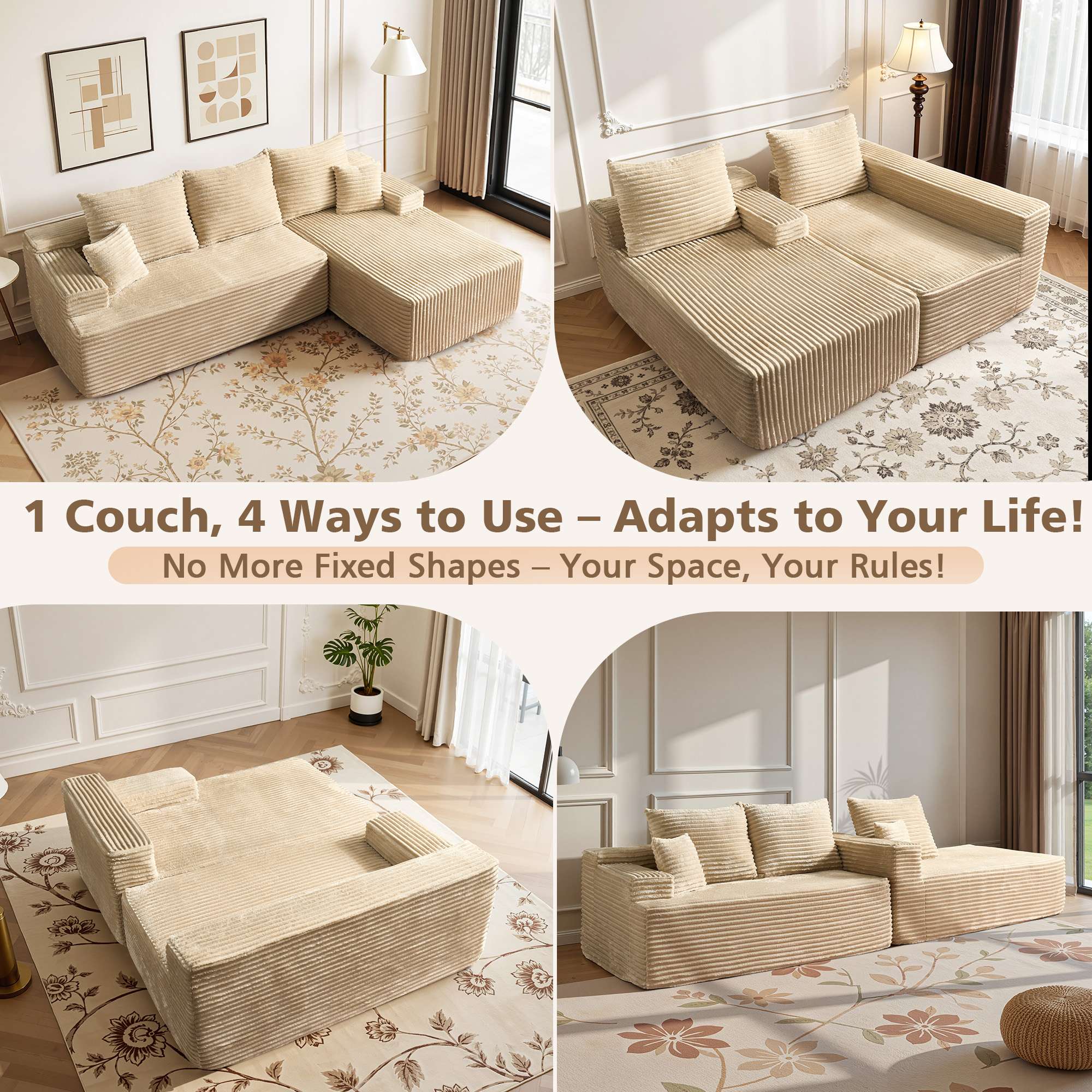 OVIOS 96" Cloud Sectional Couch with L-Shape Chaise,Modern Modular Sofa with Deep Seat, No Assembly Required