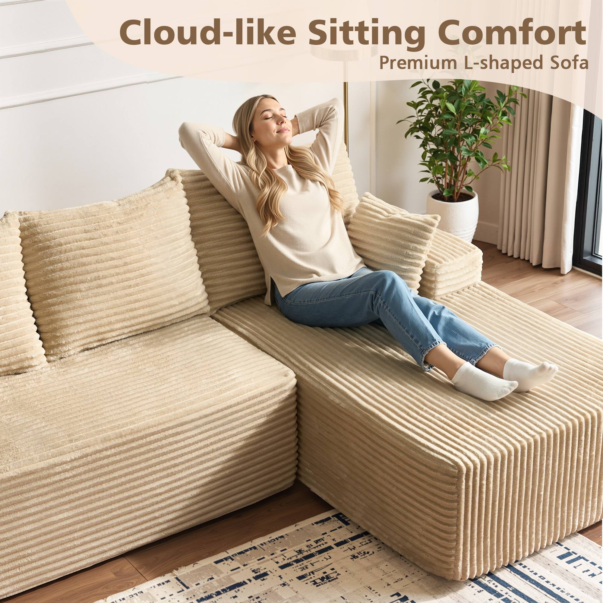 OVIOS 96" Cloud Sectional Couch with L-Shape Chaise,Modern Modular Sofa with Deep Seat, No Assembly Required