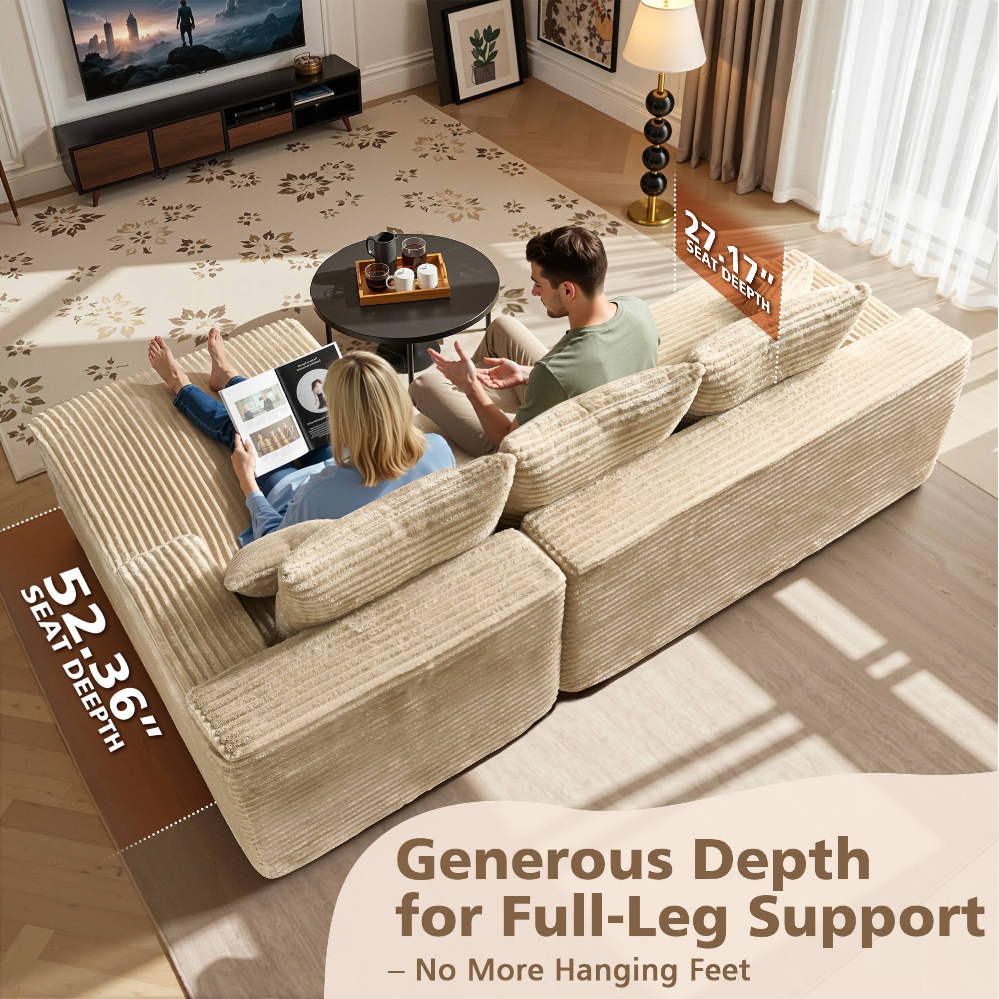 OVIOS 96" Cloud Sectional Couch with L-Shape Chaise,Modern Modular Sofa with Deep Seat, No Assembly Required