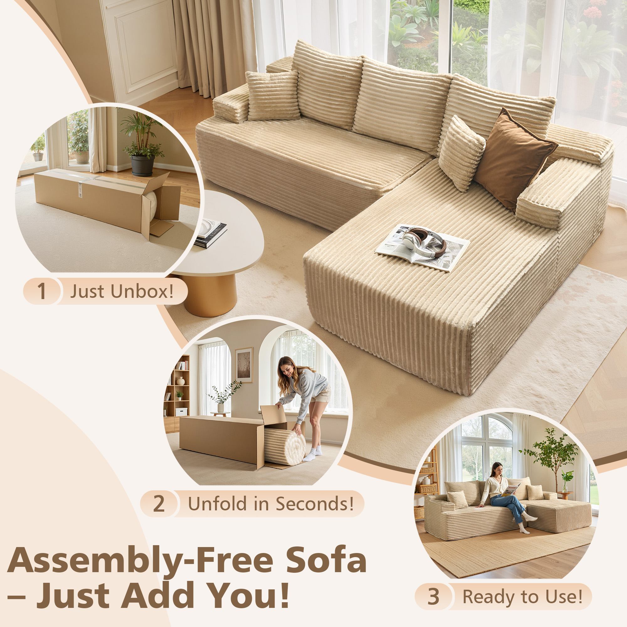 OVIOS 96" Cloud Sectional Couch with L-Shape Chaise,Modern Modular Sofa with Deep Seat, No Assembly Required