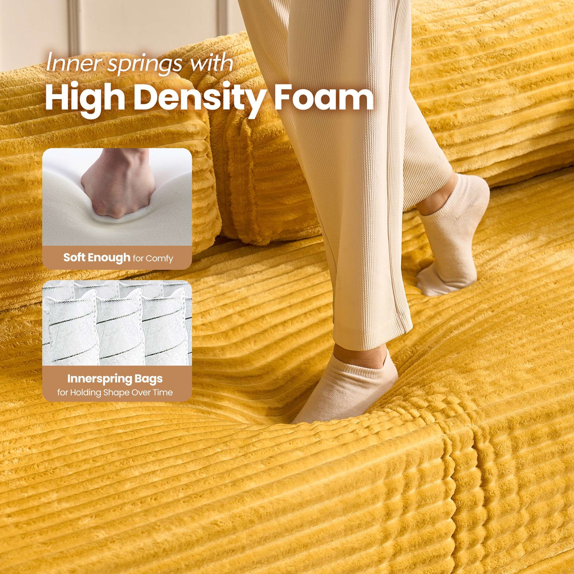 Yellow Faux Fur | Ovios modular sofa bed comfort: high-density foam and inner spring system.