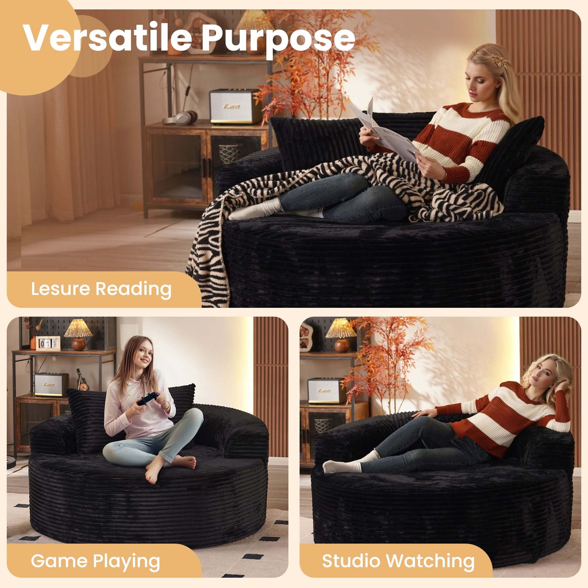 OVIOS Modern 3-Piece Sectional Sofa Set With Loveseat & Chaise Lounge, No-Assembly Design