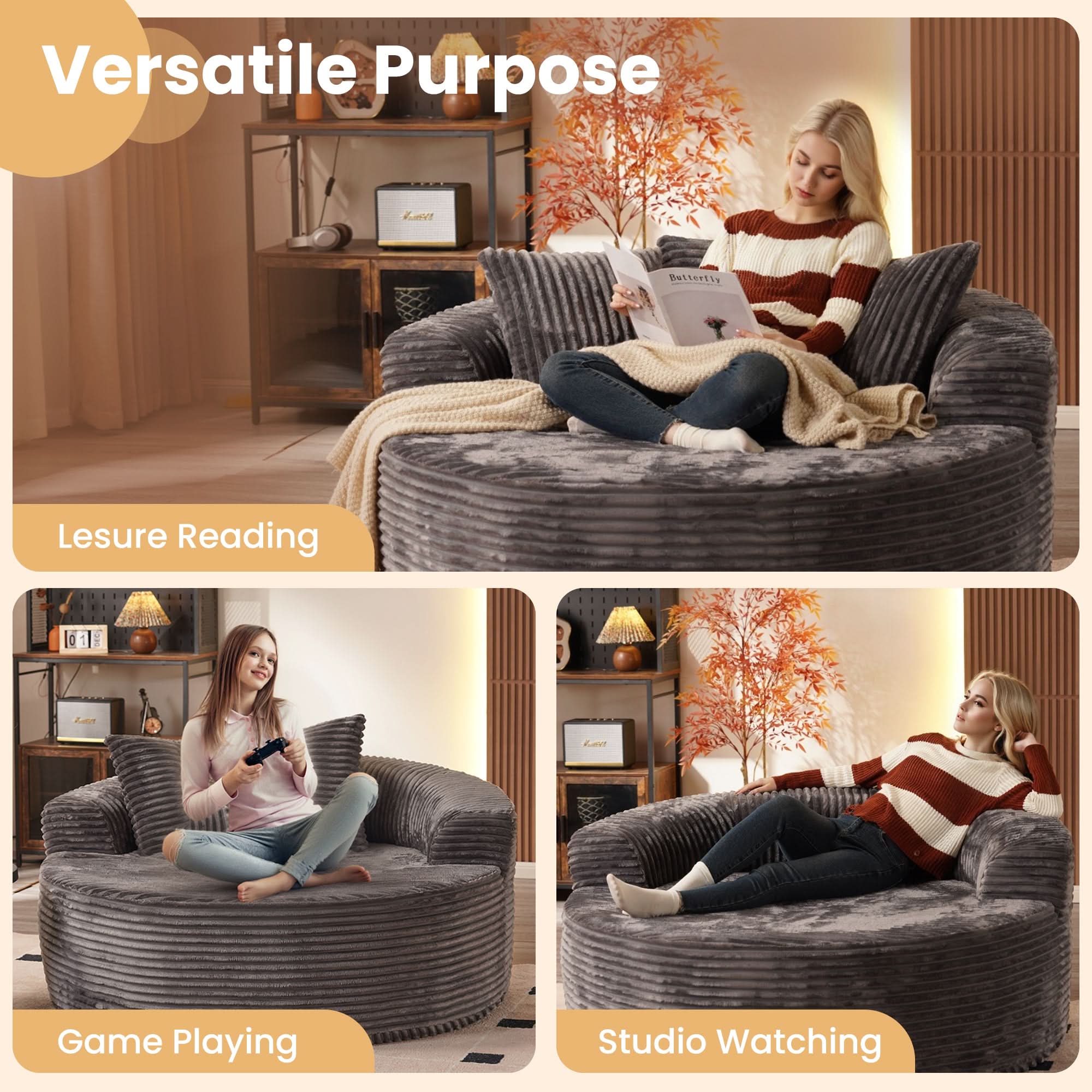 OVIOS Modern 3-Piece Sectional Sofa Set With Loveseat & Chaise Lounge, No-Assembly Design
